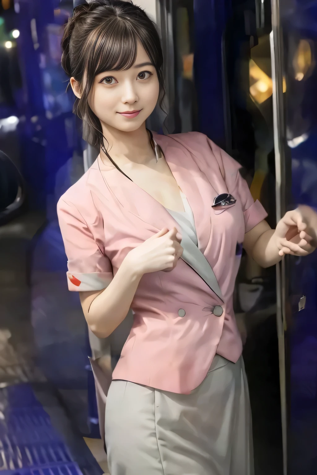 (masterpiece:1.2, highest quality:1.2), 32K HDR, High resolution, (alone、1 girl)、 (Height: 160cm)、（On the rooftop of a building in the daytime、Professional Lighting）、Building rooftop background、（Nankai train crew uniform pinkを着たリアルスタイル）、（Nankai train crew uniform pink short sleeve collarless pink jacket、Nankai Train Crew Uniform Pink Collarless Short Sleeve Blouse、Nankai Train Crew Uniform Pink Grey Knee-length Culottes）、Dark brown hair、（Hair tied up、Hair tied up、Evening curly hairstyle）、Dark brown hair、Long Shot、Big Breasts、Thin legs、（（Great hands：2.0）），（（Harmonious body proportions：1.5）），（（Normal limbs：2.0）），（（Normal finger：2.0）），（（Delicate eyes：2.0）），（（Normal eyes：2.0））)、smile、（Nankai Train Crew Uniform Pink Grey Knee-length Culottesを見せた美しい歩く姿）、Place your hands around your stomach、Lanyard employee ID card