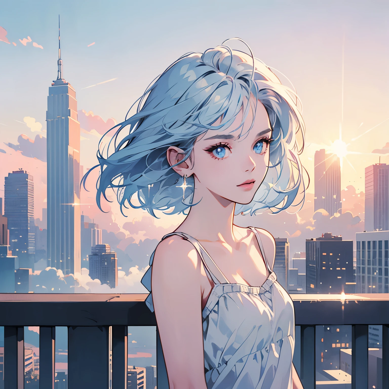 Upper body, 1 Woman, Top Quality, 14k, wind blowing, white camisole, sunset, skyscraper, power lines, crosswalk, sign,(((sparkling eyes))), (((mysterious))), Pale blue hair, detailed hair, detailed background, top quality, light lighting, backlight, dim, clouds, front, looking at viewer backlight, dim, clouds, frontal face, looking at viewer, Very beautiful women, Noble,Apartment balcony,(((Various angles))),Short hair