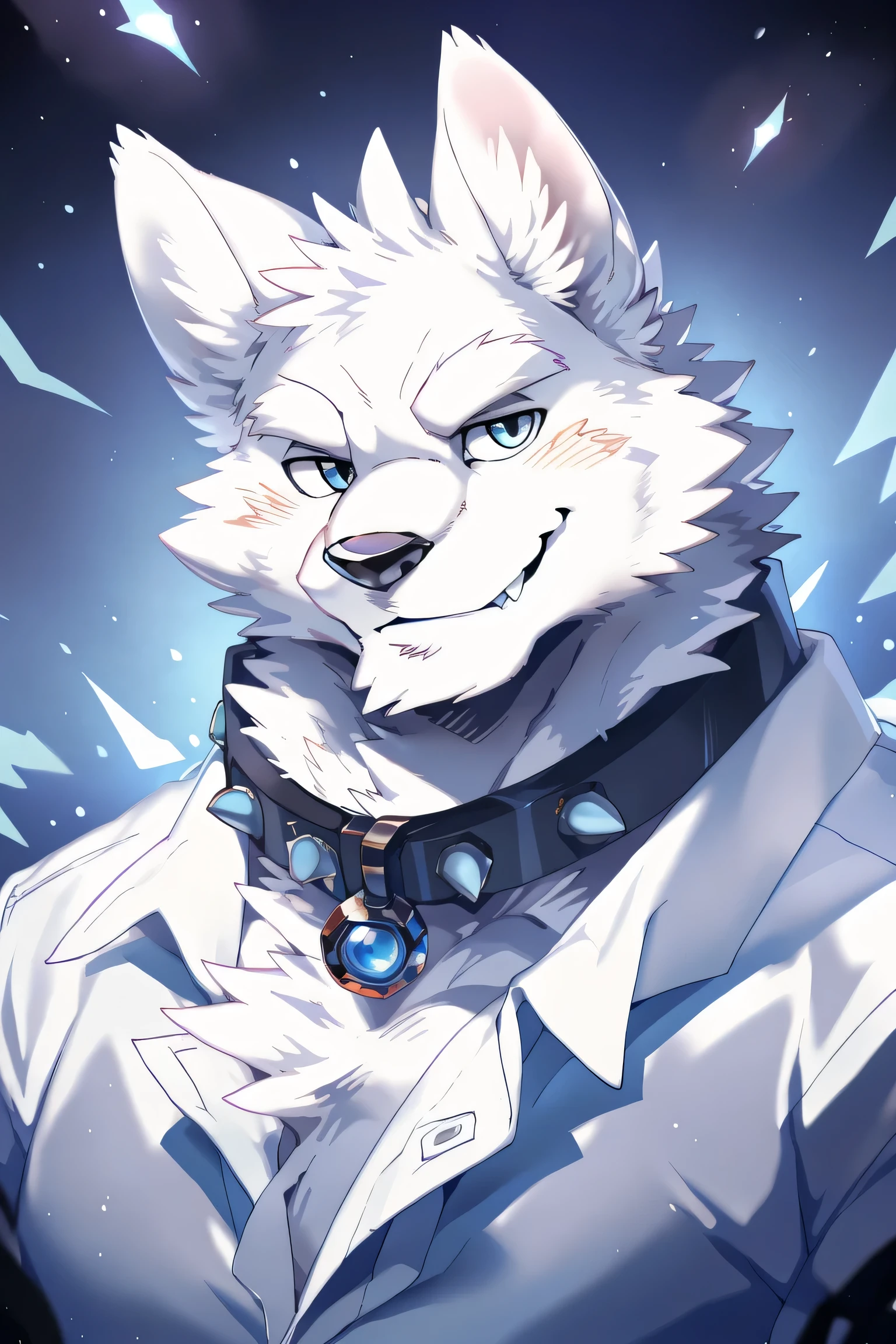 ((all white fur:1.5)), solo, Perfect sky blue eyes, Spike Collar, (artist:Takemoto Arashi), Mature face, elder, naughty face, glint, longeyelashes, (fang out), (Clear facial details), Thin and tall figure, Wearing an oversized white shirt, seductive smile, kaleidoscope, UHD, super detail, high details