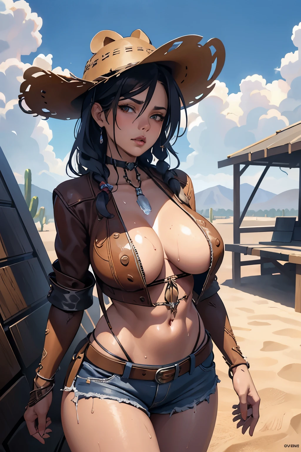 Alluring Beautiful Cowgirl, Beautiful Wet Sweaty Skin, Amazing Athletic Toned Body, Lewd Cowprint Bikini, Leather Cowboy Hat, Skimpy Denim Shorts, At A Desert Farm With Cactus Background, Western Theme, Beautiful Face, Ominous Gothic Theme, Fiverr Dnd Character, Octane Render, Digital Art, Extreme Detail, 4k, Ultra Hd, Polished, Beautiful, Hyperdetailed, Intricate, Elaborate, Meticulous, Photorealistic, Sharp Focus, Wlop, Character Design, Unreal Engine, 3d Rendered, Volumetric Lighting, Reflections, Glossy, Digital Illustration, Pose, Suggestive Pose, Lewd, Full Body Shot, large breasts, anatomically correct 💖❤💕💋❣