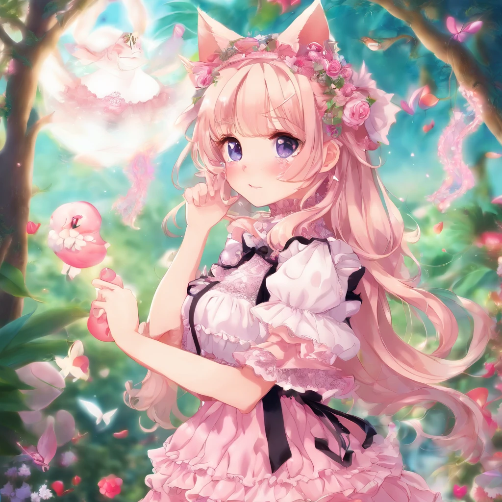 Exquisite details, 8K Photo, Surrealism, Professional lighting, Realistic background, visual depth, Background Bokeh, Wide-angle lens, whole body, (13 years old, Lovely, Change, flat chest, Cat ears), 1 Girl, Colored eyes, Blonde Hair, (Lolita Fashion: 1.5), (Lace, Ruffled shirt, White petticoat, sports shoes), (Plush Toys), pink Lovely backpack, street, Fashion