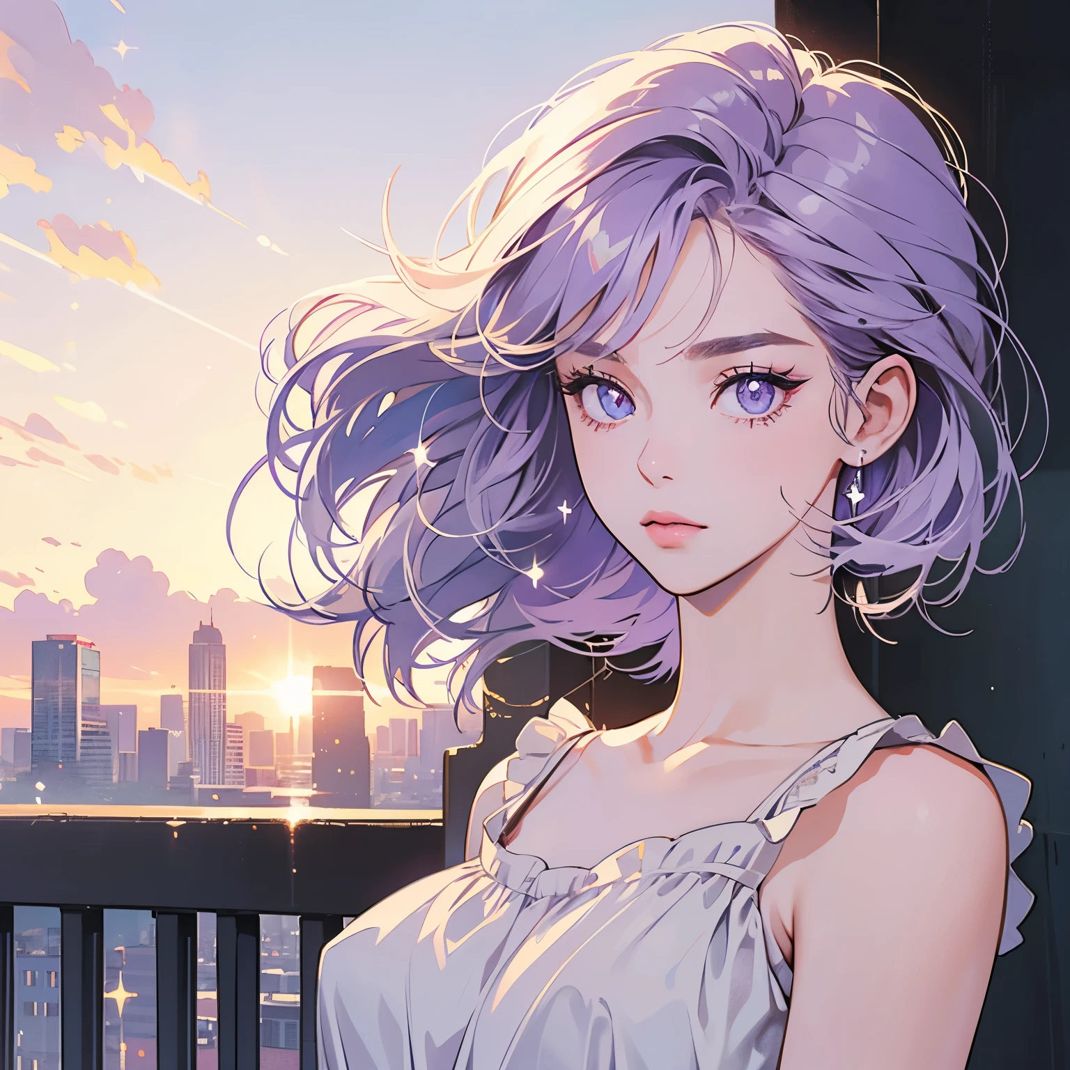 Upper body, 1 Woman, Top Quality, 14k, wind blowing, white camisole, sunset, skyscraper, power lines, crosswalk, sign,(((sparkling eyes))), (((mysterious))), Pale purple hair, detailed hair, detailed background, top quality, light lighting, backlight, dim, clouds, front, looking at viewer backlight, dim, clouds, frontal face, looking at viewer, Very beautiful women, Noble,Apartment balcony,(((Various angles))),Short hair