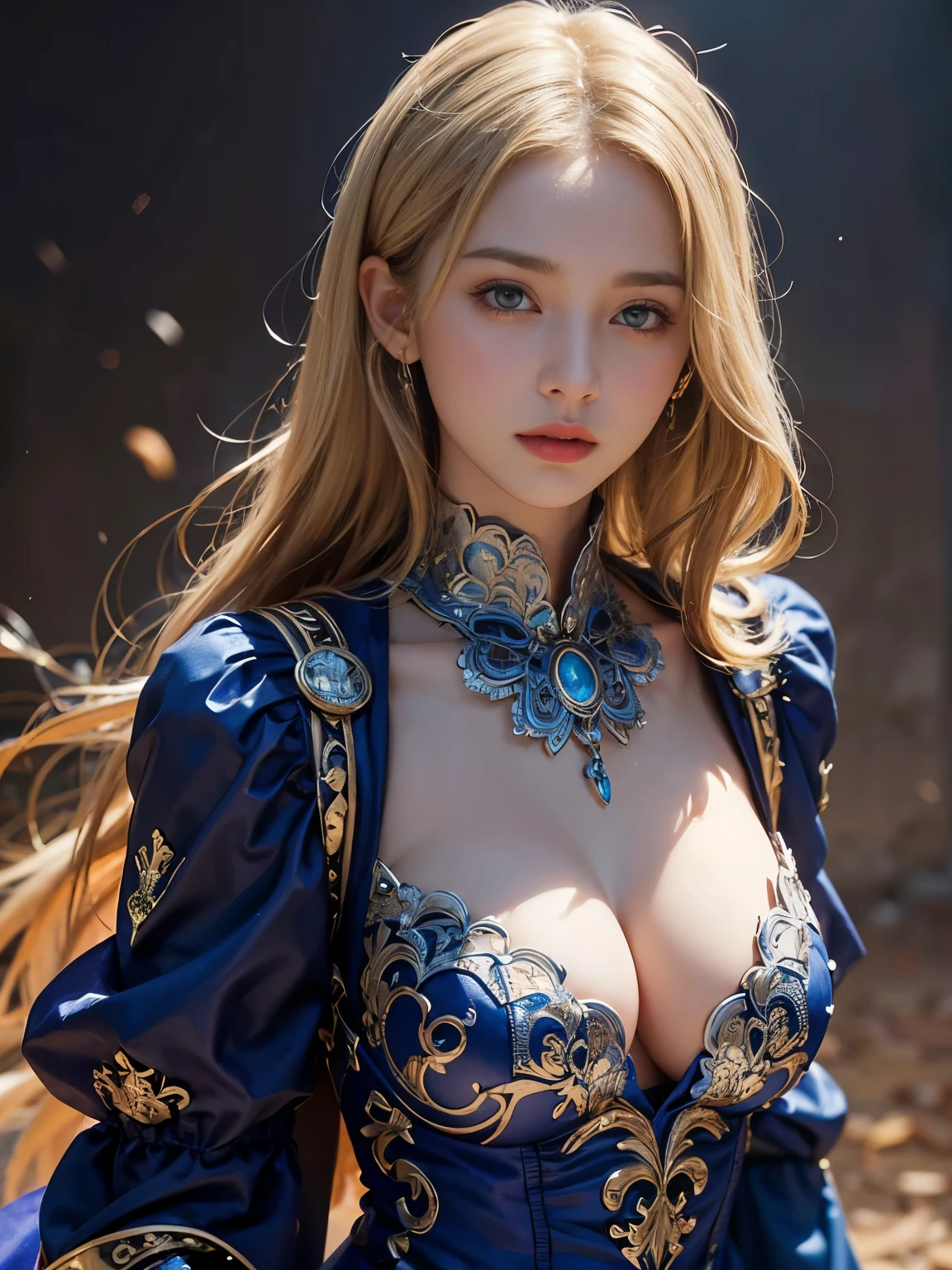 galaxy alice,alone,One girl,Are standing,Long Hair,Upper Body,Blonde,(8k, highest quality, masterpiece: 1.2), (Realistic, photoRealistic: 1.37), Super detailed, One Girl, Paladin with a sword imbued with light, Wide viewing angles, huge firm bouncing bust, Very delicate depiction, Miniature painting, Detailed depiction of the face, Detailed depiction of hair, Accurate skeleton, Dress with intricate patterns