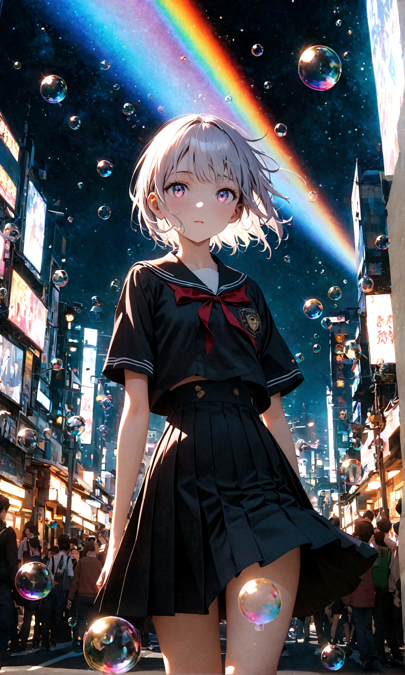 (masterpiece:1.2), (pale_skin:1.2), (alone:1.2), (woman)、(woman\(student, 20-year-old, ＪＫ, Short silver hair floating, Space-colored eyes, school black uniform, paleskin) Looking up at the sky), (A large glass-colored whale swims in the air), Beautiful sky, Beautiful Clouds, Colorful summer flowers are blooming everywhere., (Transparent bubbles shine like prisms here and there in the sky), There is a noon moon and a noon star in the sky, In a crowded downtown, break ,quality\(8k,非常に精細なCGユニットのwallpaper, masterpiece,High resolution,top-quality,top-quality real texture skin,Surreal,Increase the resolution,RAW Photos,最高quality,Very detailed,wallpaper,Cinema Lighting,Ray-tracing,Golden Ratio\),(Long Shot),Wide Shot,