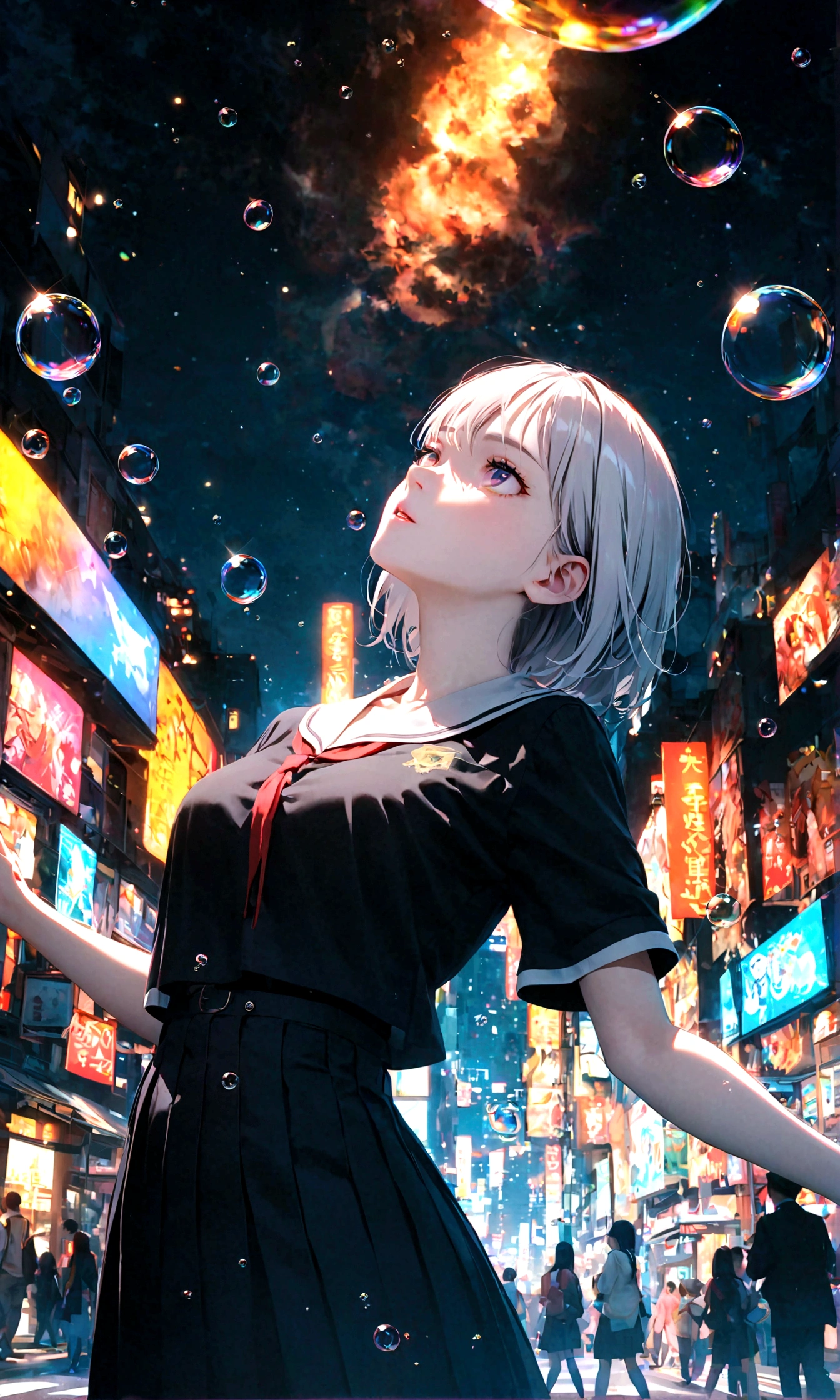 (masterpiece:1.2), (pale_skin:1.2), (alone:1.2), (woman)、(woman\(student, 20-year-old, ＪＫ, Short silver hair floating, Space-colored eyes, school black uniform, paleskin) Looking up at the sky), (A large glass-colored whale swims in the air), Beautiful sky, Beautiful Clouds, Colorful summer flowers are blooming everywhere., (Transparent bubbles shine like prisms here and there in the sky), There is a noon moon and a noon star in the sky, In a crowded downtown, break ,quality\(8k,非常に精細なCGユニットのwallpaper, masterpiece,High resolution,top-quality,top-quality real texture skin,Surreal,Increase the resolution,RAW Photos,最高quality,Very detailed,wallpaper,Cinema Lighting,Ray-tracing,Golden Ratio\),(Long Shot),Wide Shot,