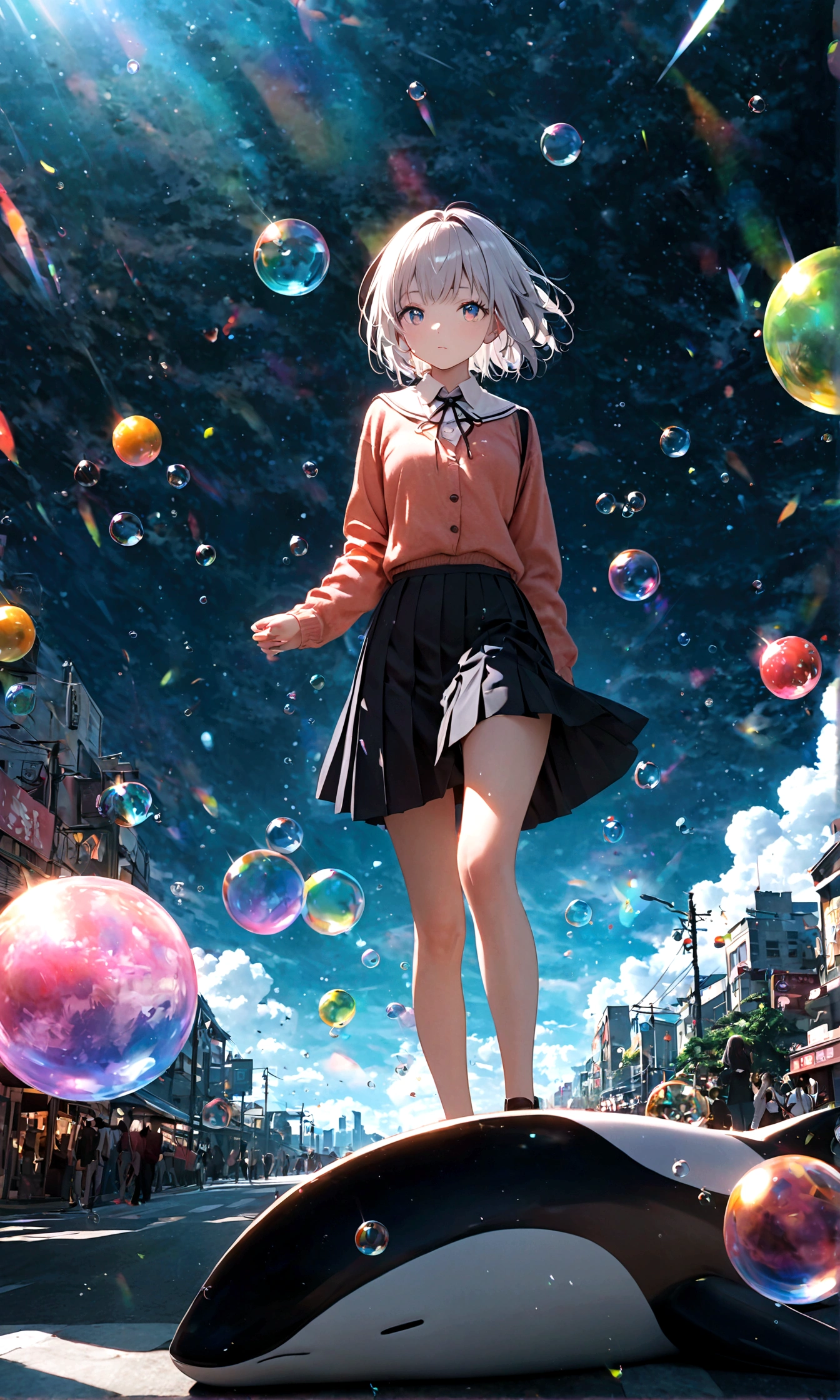 (masterpiece:1.2), (pale_skin:1.2), (alone:1.2), (woman)、(woman\(student, 20-year-old, ＪＫ, Short silver hair floating, Space-colored eyes, school black uniform, paleskin) Looking up at the sky), (A large glass-colored whale swims in the air), Beautiful sky, Beautiful Clouds, Colorful summer flowers are blooming everywhere., (Transparent bubbles shine like prisms here and there in the sky), There is a noon moon and a noon star in the sky, In a crowded downtown, break ,quality\(8k,非常に精細なCGユニットのwallpaper, masterpiece,High resolution,top-quality,top-quality real texture skin,Surreal,Increase the resolution,RAW Photos,最高quality,Very detailed,wallpaper,Cinema Lighting,Ray-tracing,Golden Ratio\),(Long Shot),Wide Shot,