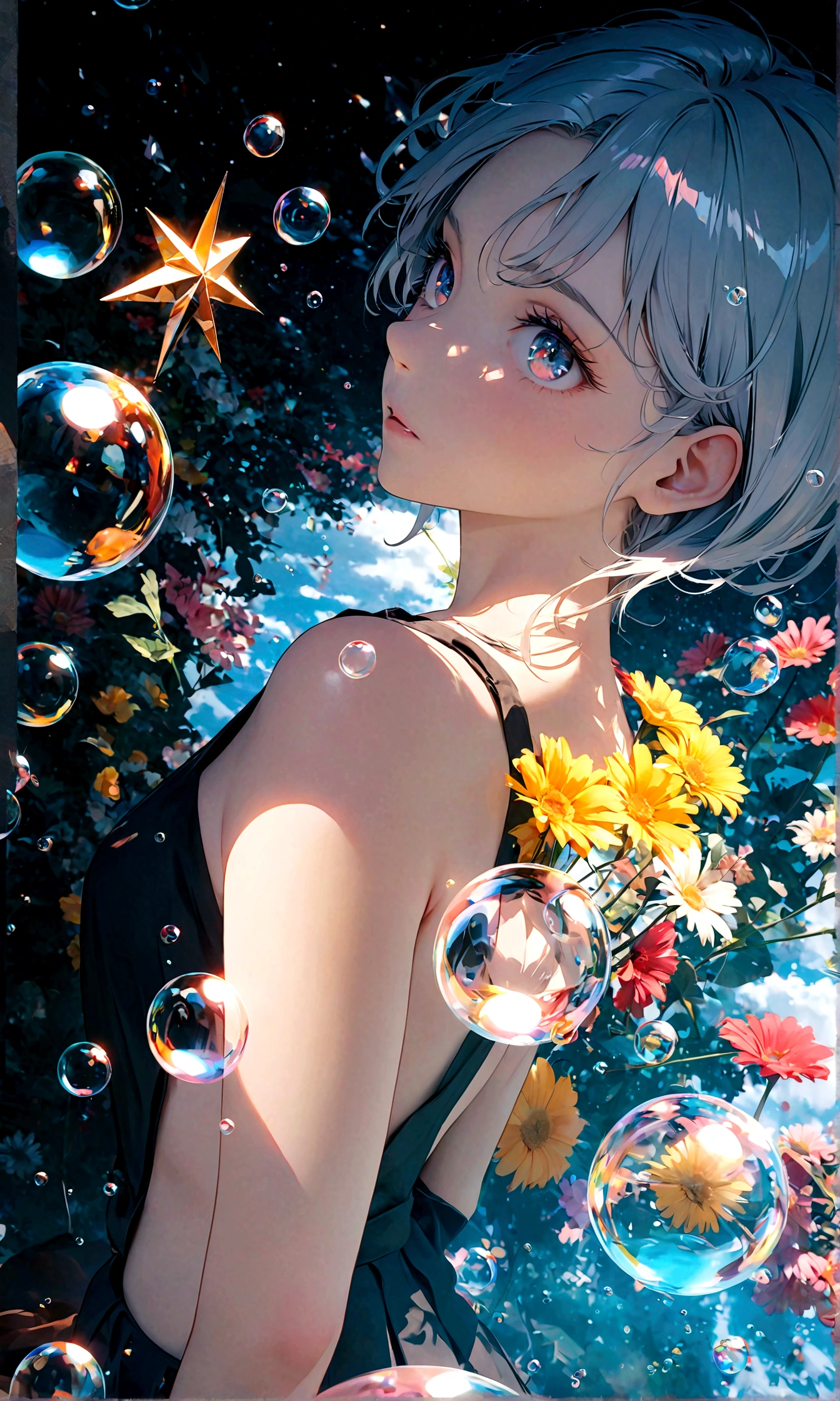 (masterpiece:1.2), (pale_skin:1.2), (alone:1.2), (woman)、(woman\(student, 20-year-old, ＪＫ, Short silver hair floating, Space-colored eyes, school black uniform, paleskin) Looking up at the sky), (A large glass-colored whale swims in the air), Beautiful sky, Beautiful Clouds, Colorful summer flowers are blooming everywhere., (Transparent bubbles shine like prisms here and there in the sky), There is a noon moon and a noon star in the sky, In a crowded downtown, break ,quality\(8k,非常に精細なCGユニットのwallpaper, masterpiece,High resolution,top-quality,top-quality real texture skin,Surreal,Increase the resolution,RAW Photos,最高quality,Very detailed,wallpaper,Cinema Lighting,Ray-tracing,Golden Ratio\),(Long Shot),Wide Shot,