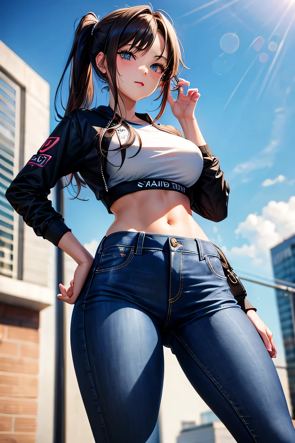 denim pant,Mall,(Inspired by the Avengers),pony tails,One-piece unisex trousers,machine girl,Security level,Oversized ass,(8K,photo RAW,Fotorrealista:1,25),(Excessive lip gloss,Very many eyelashes,best qualityer,超高分辨率,depth of fields,color difference,Wide light,natural color,Distant pictures(1:2)