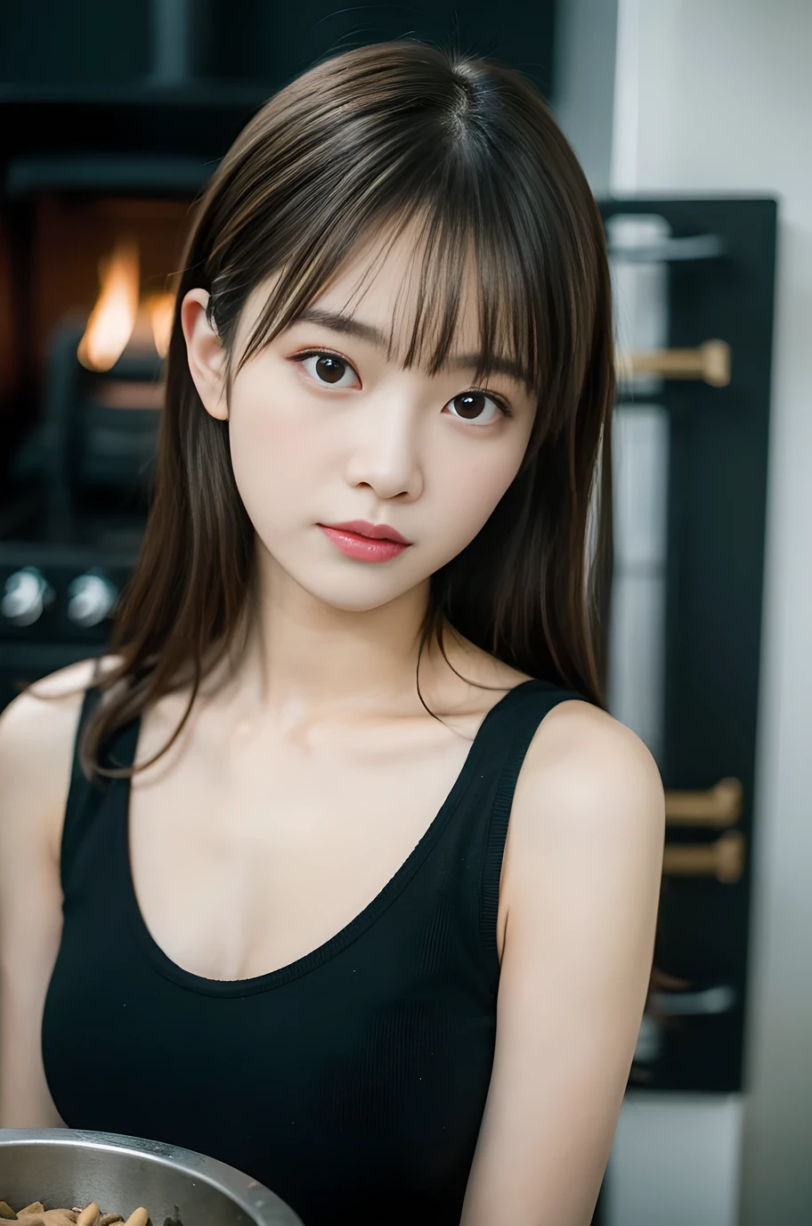 (8k, RAW Photos, highest quality、masterpiece:1.2), (Realistic、Realistic:1.37), Very detailed, High resolution, 1 girl,  View your audience, Beautifully detailed face、Standing in front of the stove、,beautifully detailed skin、Skin Texture、Floating Hair、Professional Lighting、