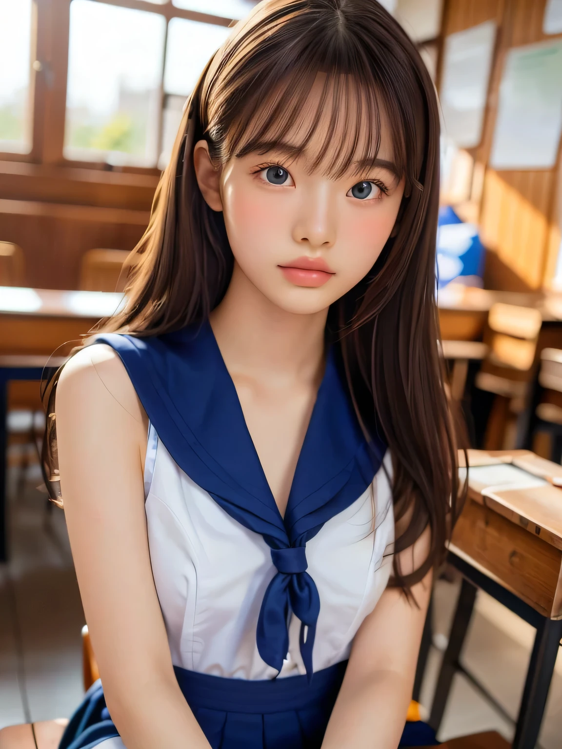 ((masterpiece, highest quality, High resolution)), 1 girl, (Realistic: 1.4), Beautiful face, Beautiful Hair, Beautiful eyes, Glowing Skin, ************, Sailor suit, classroom, Sit on a desk, Side angle, sunshine, Backlight, Professional photographer photography