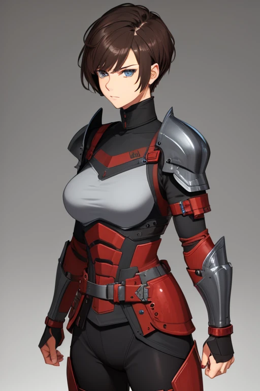 Short Brown mohawk hair, blue eyes, bad batch black and red colored clone armor, fit with equipment, woman