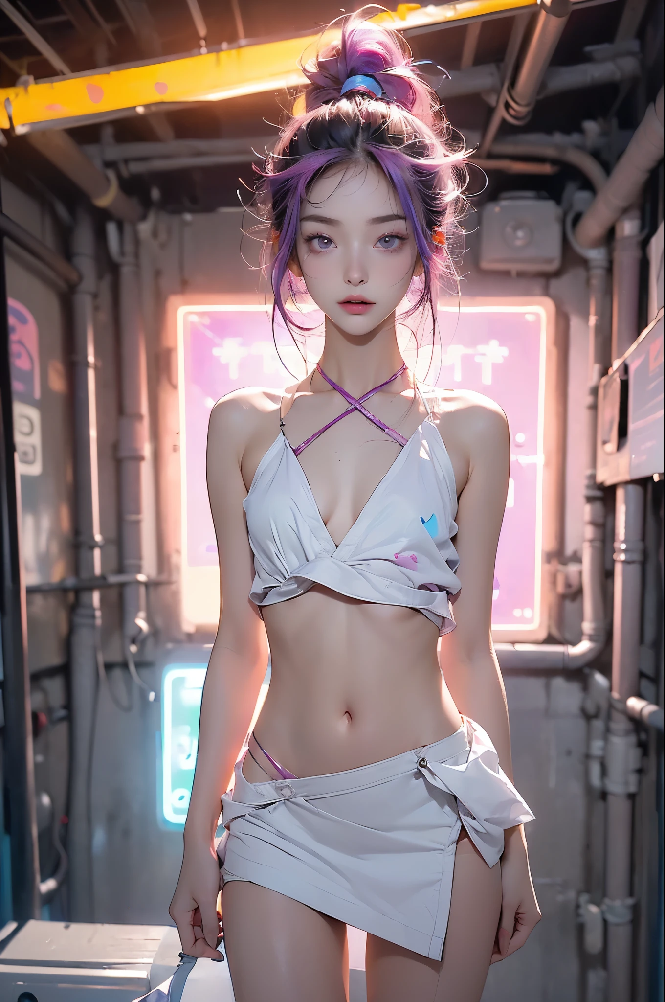 (((小of ,Small of body,))),((())),((extremely Cute and beautiful Liquid paint hair haired girl)),A sharp and sharp gaze,Are thin,Slim full body style,No underwear,Small breasts,Flat Chest,Narrow eyes,(((flat chest))),Sagging of breasts,short hair,(((paint splatter:1.3,Shiny hair: 1.3,Vibrant Colored Hair))),((heterochromia,Eyes 1 purple,Eyes 2 pink,Upturned eyes:1.3,Perfection of eyes,Beautiful and delicate eyes,Rainbow glow Super detailed of deep pink and purple eyes:1.1,Gradient eye:1,Delicate beauty of eyes:1,Symmetry of eyes:1,There is a big bright spot on the eye:1.2)),((胖of)),(((Glossy skin:1.5,Brightening of skin: 1.5,The skin is tanned,skin shiny,exaggerated skin shiny))),(Delicate and fine fingers,Details of body,Details of weapons,Hand of),Cute,Debauchery,Tempting of,of,(((NSFW))),Exposing of clothes,show skin,(Wear a neon themed outfit:1.3,Micro clothes,小of clothing,Fluorescent and neon lights clothing,Revel fashion,micro crop top,Miniature skirt,Visible thong straps,AccessoriesLED,Details of clothing),(dynamic poses:1.0),focus only,embarrassment of,Scale to fit dimensions,rule of thirds,Outdoor activities,((night view)),(Cyberpunk night street background:1.5,Dark of the sky,Thick of clouds),((neon lights)),(cyberpunk style,neon lights, Lonely of the Street),In a radically erotic love hotel room,(Best of quality),(high resolution),(Sharp of focus),(Super detailed),(Very detailed),(Extremely high quality of artwork),32k_wallpaper,(Very detailed CG 32k),((hyper super Super detailed perfect piece)),flawless,(((masterpiece))),Photo quality,High-class prostitute,Stimulating pale pink underwear,The underwear is thin and stringy,Beautiful nipples,Complet