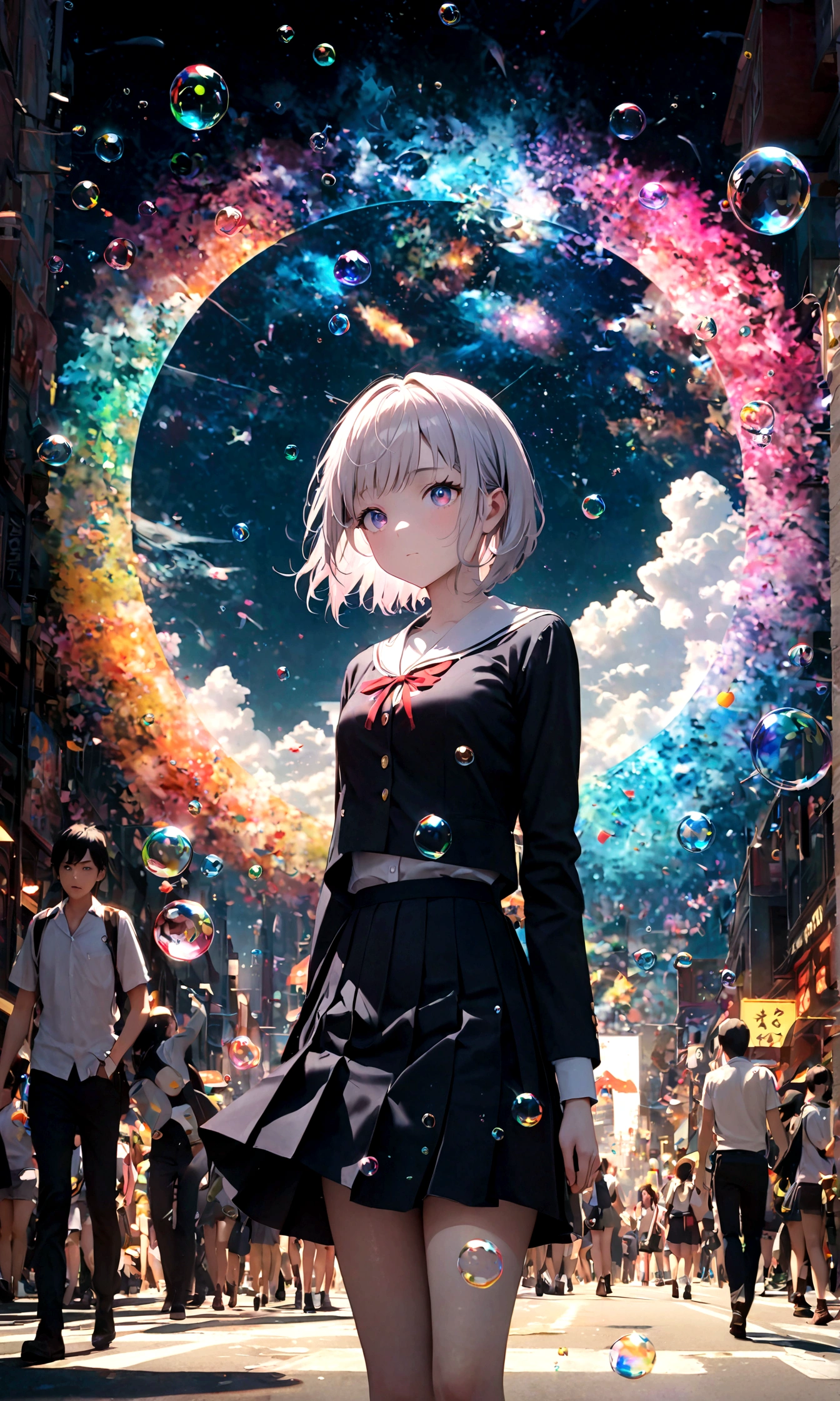 (masterpiece:1.2), (pale_skin:1.2), (alone:1.2), (woman)、(woman\(student, 20-year-old, ＪＫ, Short silver hair floating, Space-colored eyes, school black uniform, paleskin) Looking up at the sky), (A large glass-colored whale swims in the air), Beautiful sky, Beautiful Clouds, Colorful summer flowers are blooming everywhere., (Transparent bubbles shine like prisms here and there in the sky), There is a noon moon and a noon star in the sky, In a crowded downtown, break ,quality\(8k,非常に精細なCGユニットのwallpaper, masterpiece,High resolution,top-quality,top-quality real texture skin,Surreal,Increase the resolution,RAW Photos,最高quality,Very detailed,wallpaper,Cinema Lighting,Ray-tracing,Golden Ratio\),(Long Shot),Wide Shot,