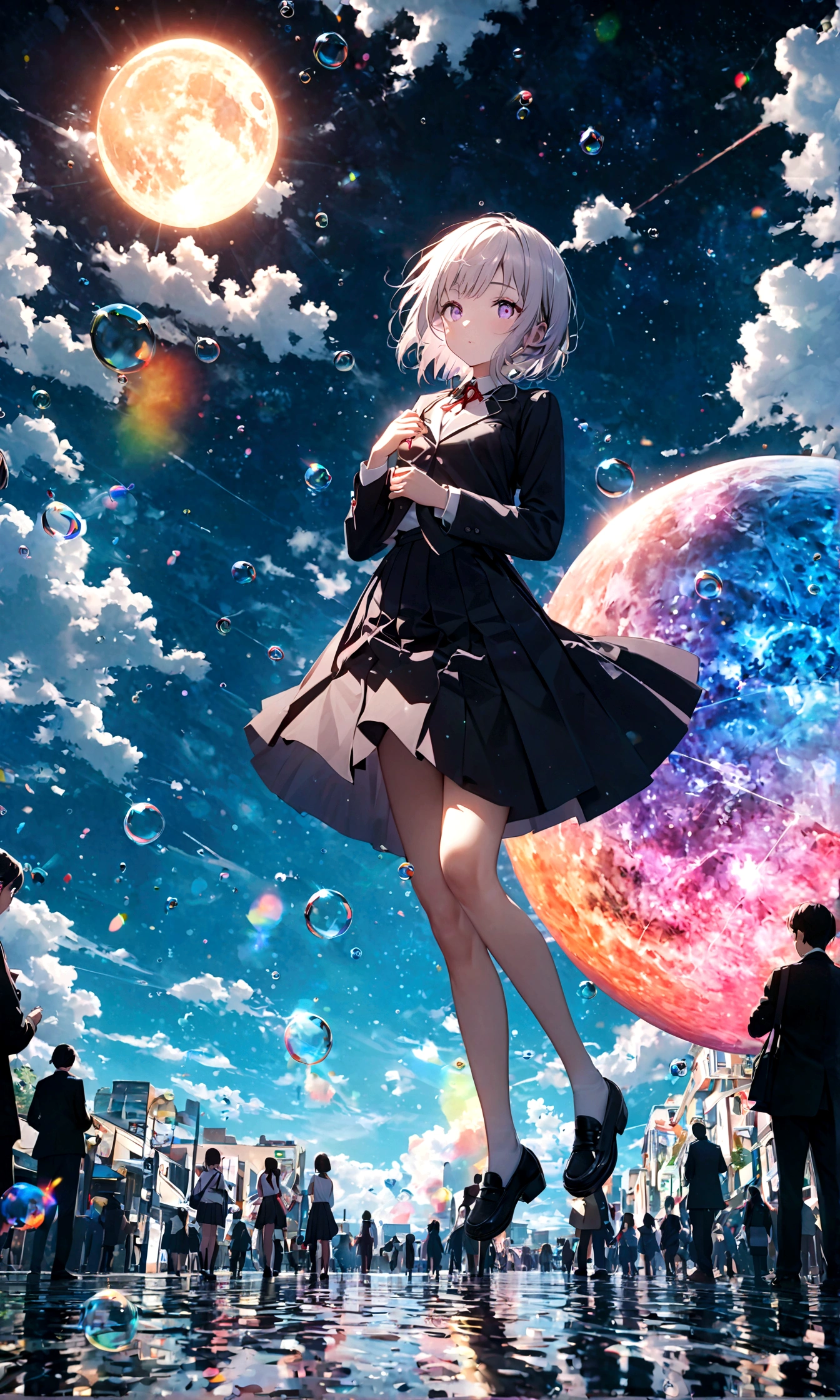 (masterpiece:1.2), (pale_skin:1.2), (alone:1.2), (woman)、(woman\(student, 20-year-old, ＪＫ, Short silver hair floating, Space-colored eyes, school black uniform, paleskin) Looking up at the sky), (A large glass-colored whale swims in the air), Beautiful sky, Beautiful Clouds, Colorful summer flowers are blooming everywhere., (Transparent bubbles shine like prisms here and there in the sky), There is a noon moon and a noon star in the sky, In a crowded downtown, break ,quality\(8k,非常に精細なCGユニットのwallpaper, masterpiece,High resolution,top-quality,top-quality real texture skin,Surreal,Increase the resolution,RAW Photos,最高quality,Very detailed,wallpaper,Cinema Lighting,Ray-tracing,Golden Ratio\),(Long Shot),Wide Shot,