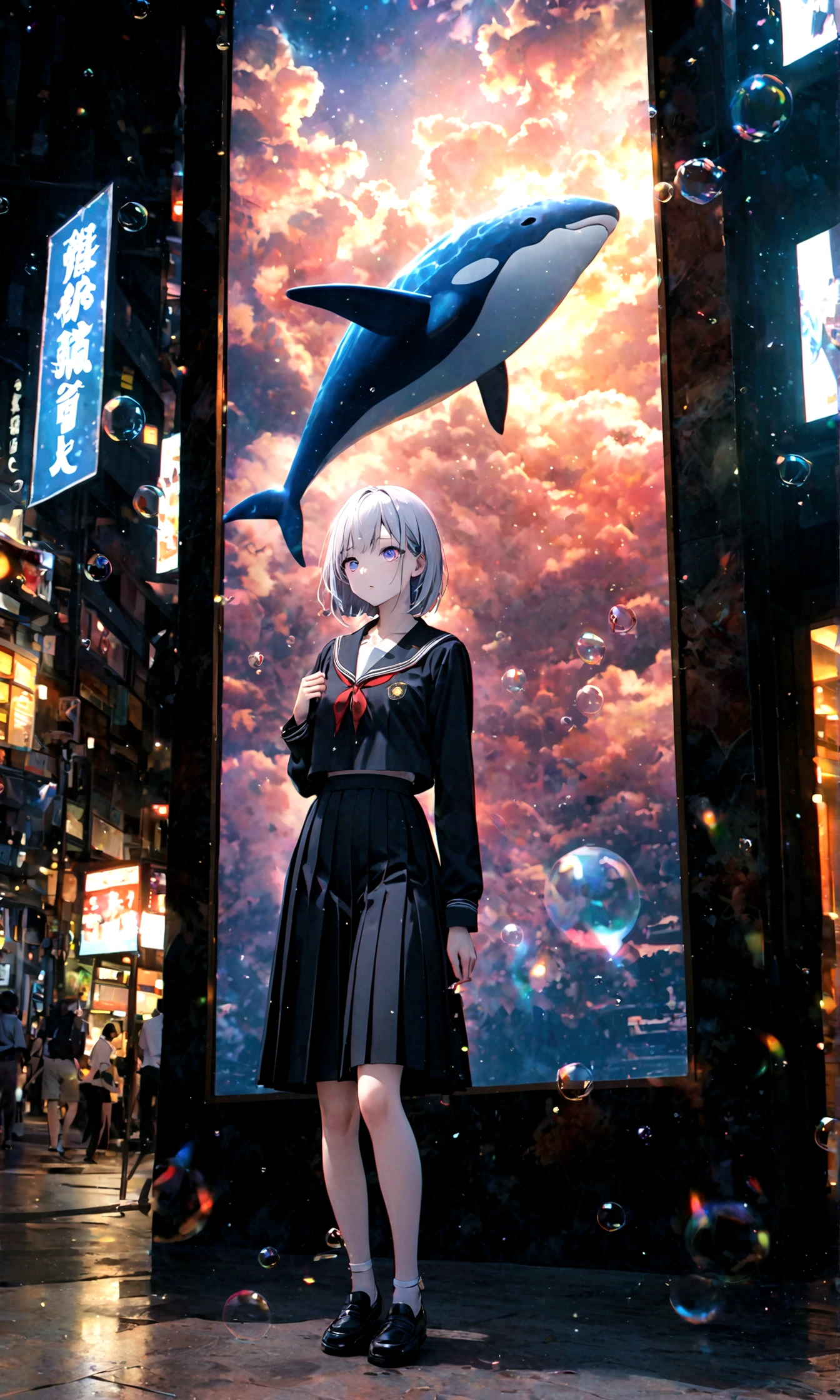(masterpiece:1.2), (pale_skin:1.2), (alone:1.2), (woman)、(woman\(student, 20-year-old, JK, Short silver hair floating, Space-colored eyes, school black uniform, paleskin) Looking up at the sky), (A large glass-colored whale swims in the air), Beautiful sky, Beautiful Clouds, Colorful summer flowers are blooming everywhere., (Transparent bubbles shine like prisms here and there in the sky), There is a noon moon and a noon star in the sky, In a crowded downtown, break ,quality\(8k,非常に精細なCGユニットのwallpaper, masterpiece,High resolution,top-quality,top-quality real texture skin,Surreal,Increase the resolution,RAW Photos,最高quality,Very detailed,wallpaper,Cinema Lighting,Ray-tracing,Golden Ratio\),(Long Shot),Wide Shot,