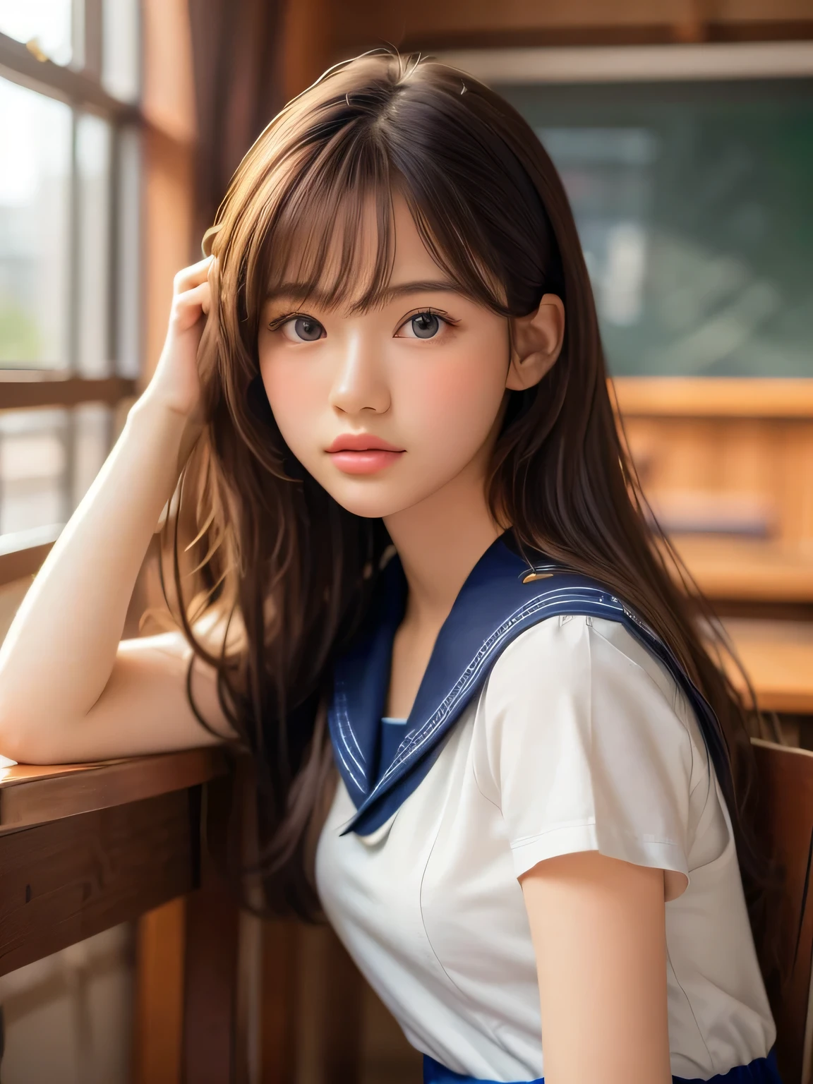 ((masterpiece, highest quality, High resolution)), 1 girl, (Realistic: 1.4), Beautiful face, Beautiful Hair, Beautiful eyes, Glowing Skin, ************, Sailor suit, classroom, Sit on a desk, Side angle, sunshine, Backlight, Professional photographer photography