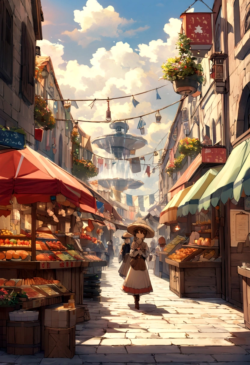 ((((masterpiece, Best Quality, High resolution)))), High detail, manga,anime,Illustrated style,Use of bright colors,Ghibli Studio「Howl's Moving Castle」The colors are like those used in daytime scenes., Medieval European fantasy worldview, There is no castle in the background, Market Square during the day, Festival scene in the square, There is a beautiful fountain in the center、Sparkling water gushes out in the sunlight., Large space, Bustling food stalls,Lots of food stalls,There aren't many people,人の着ている服はGhibli Studioの魔女の宅急便のような雰囲気, RPG-like scenery, Colorful stalls selling delicious looking foods, The sky is bright blue、Fluffy white clouds floating, And the sun is shining brightly, Create a magical and cozy atmosphere, It's winter but the atmosphere is bright.