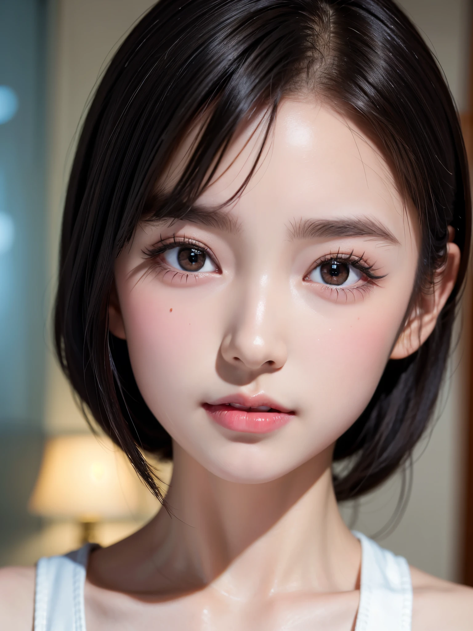 One Girl，15歳のとてもcute女の子，masterpiece，highest quality，High resolution，beautiful girl，cute，Big eyes，(detailed pupils:1.2)，The face is facing straight ahead，Body facing forward，Beautiful nose，Fuller lips，Short black hair，ponytail，short hair，Detailed eyelashes，Thin eyebrows，Symmetrical eyes，Face close-up，White swimsuit，Portrait，View Viewer，Cinema Lighting，High resolution，Very detailed