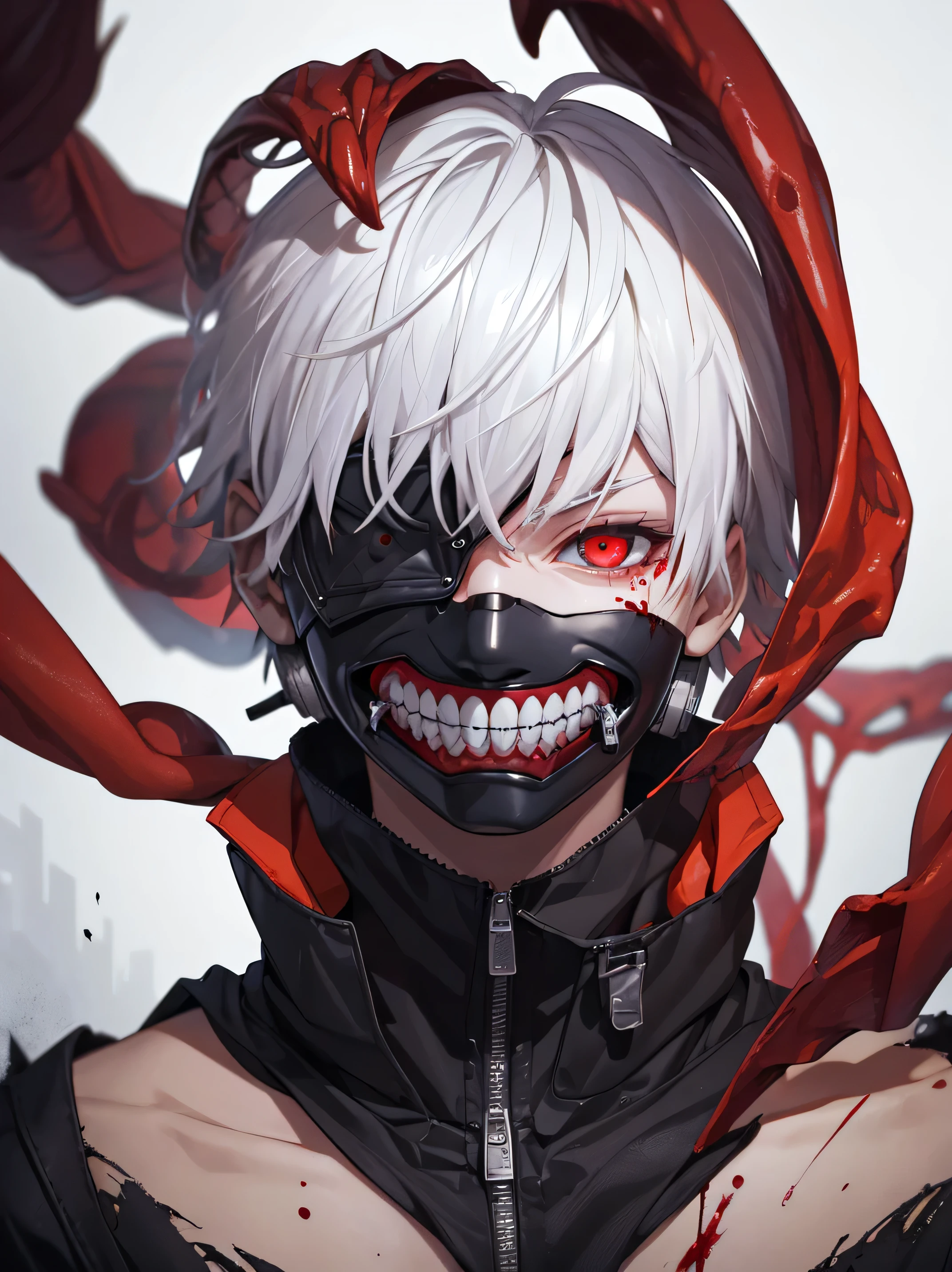 8k, anime, portrait, best quality, ultra high res, ultra detailed, high quality:1.4), (kaneki ken), white hair, red and black eye, mask | teeth, blood eyes, black jacket, white background, evil smile, evil, horror, sharp eyes, red tentacles