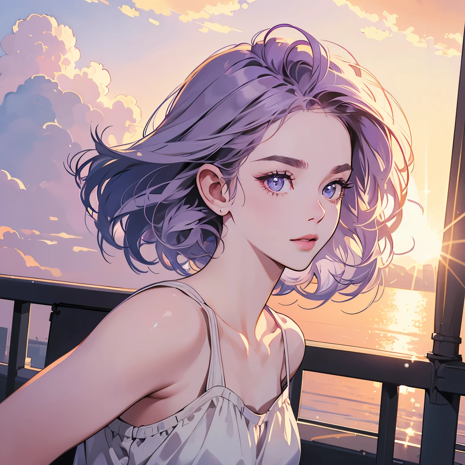 Upper body, 1 Woman, Top Quality, 14k, wind blowing, white camisole, sunset, skyscraper, power lines, crosswalk, sign,(((sparkling eyes))), (((mysterious))), Pale purple hair, detailed hair, detailed background, top quality, light lighting, backlight, dim, clouds, front, looking at viewer backlight, dim, clouds, frontal face, looking at viewer, Very beautiful women, Noble,Apartment balcony,(((Various angles))),Short hair
