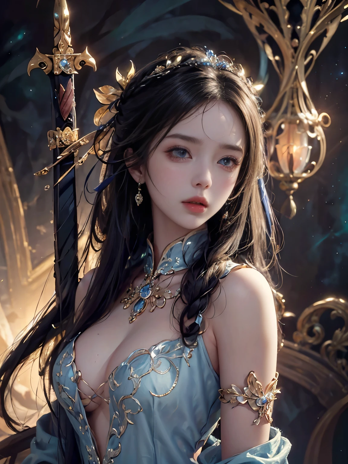 galaxy alice,alone,One girl,Are standing,Long Hair,Upper Body,Blonde,(8k, highest quality, masterpiece: 1.2), (Realistic, photoRealistic: 1.37), Super detailed, One Girl, Paladin with a sword imbued with light, Wide viewing angles, huge firm bouncing bust, Very delicate depiction, Miniature painting, Detailed depiction of the face, Detailed depiction of hair, Accurate skeleton, Dress with intricate patterns