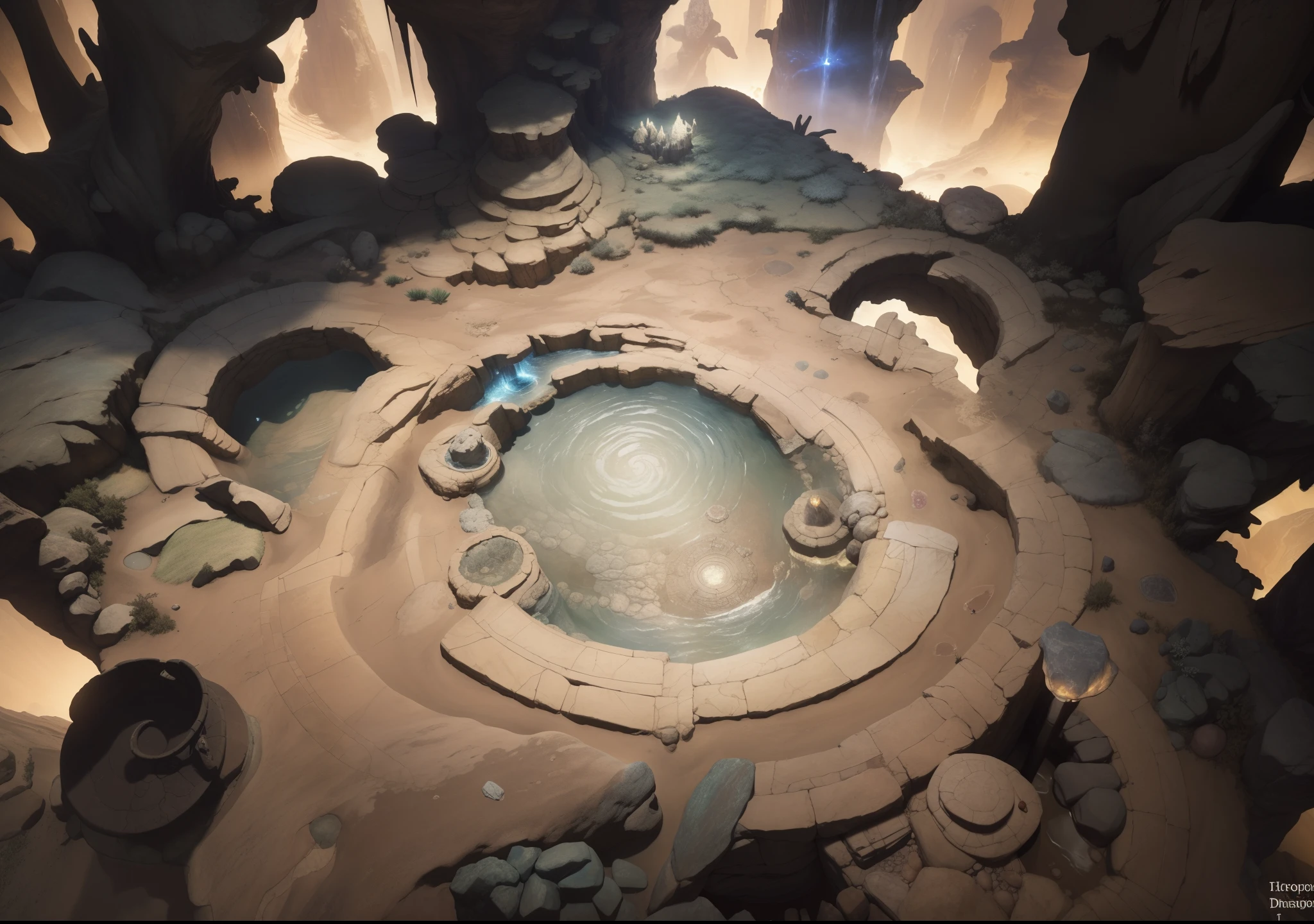 (masterpiece:1.1),(highest quality:1.1),(HDR:1),desert Rock texture,flagstone road,dim lights,speleothems,The texture is clear,Ray traching,Dune, dungeoun(The is very detailed,finely detailled,iintricate),8K resolution, birdseye straight top-down shot from a drone, (black necrotic magic in the air:1.2), dungeons and dragons, final fantasy, game art, (coherent architecture and interior, with realistic proportions and textures, intricate details, handdrawn, vibrant, cinematic lighting, masterpiece, 8k:1.2), ((waterfall around dungeon))
