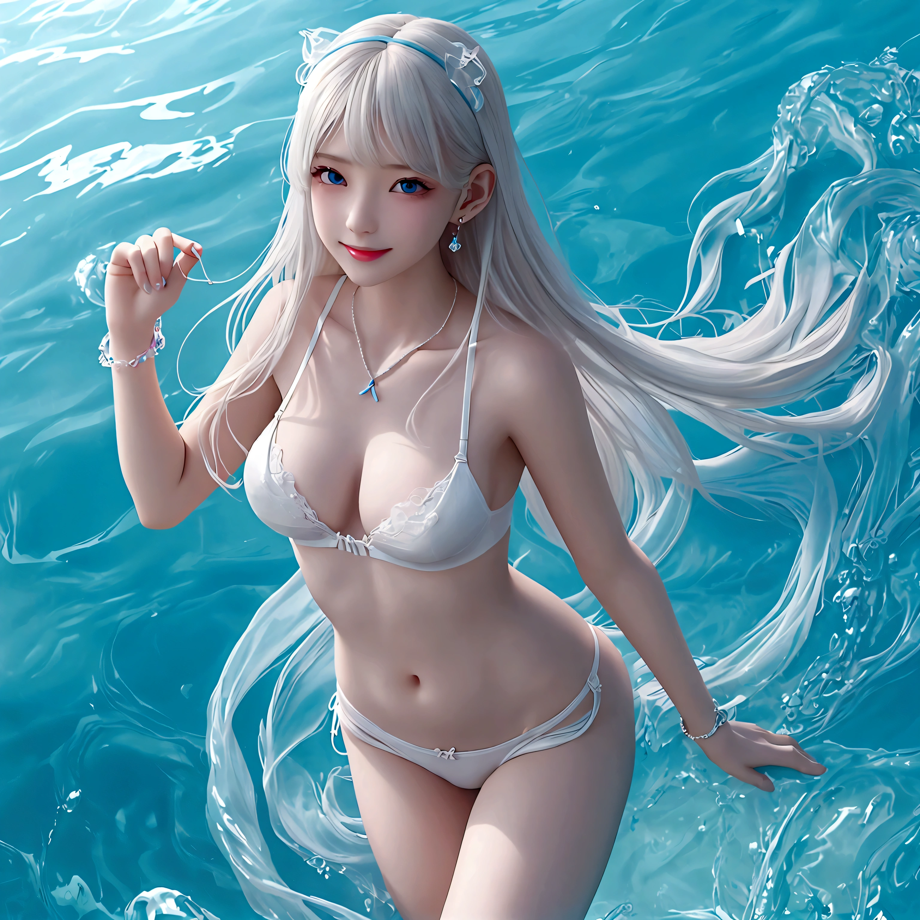 white blonde hair、 （（ Transparent bra and panties are sexy and gorgeous.））、(Bright, colorful bras and panties.) 、a lot、 Shiny skin、 white skin、 smile、 Beautiful bangs、 long and straight、 shiny hair、 Extra long, straight hair、 eyeliner、 small face、 Big, firm breasts、 Eyes as blue as crystal clear sea water.、 Shining beautifully、 earring, pendant, Hats and bracelets hang from ears.、Beautiful and smart girl、 Play in the water at the outdoor beach and take full-length photos.、 Looking to the future, The water dragon spins around.