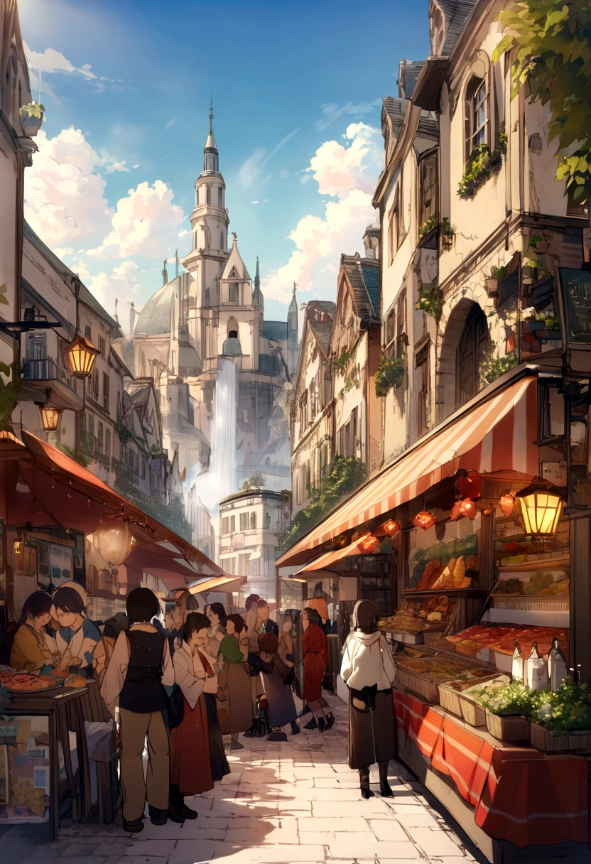 ((((masterpiece, Best Quality, High resolution)))), High detail, manga，anime，Illustrated style，Use of bright colors，Ghibli Studio「Howl&#39;s Moving Castle」The colors are like those used in daytime scenes., Medieval European fantasy worldview, There is no castle in the background, Fountain Square, Market Square during the day, Festival scene in the square, There is a beautiful fountain in the center、Sparkling water gushes out in the sunlight., Large space, Bustling food stalls,Lots of food stalls，There aren&#39;t many people，人の着ている服はGhibli Studioの魔女の宅急便のような雰囲気， RPG-like scenery, Colorful stalls selling delicious looking foods, The sky is bright blue、Fluffy white clouds floating, And the sun is shining brightly, Create a magical and cozy atmosphere, It&#39;s winter but the atmosphere is bright.