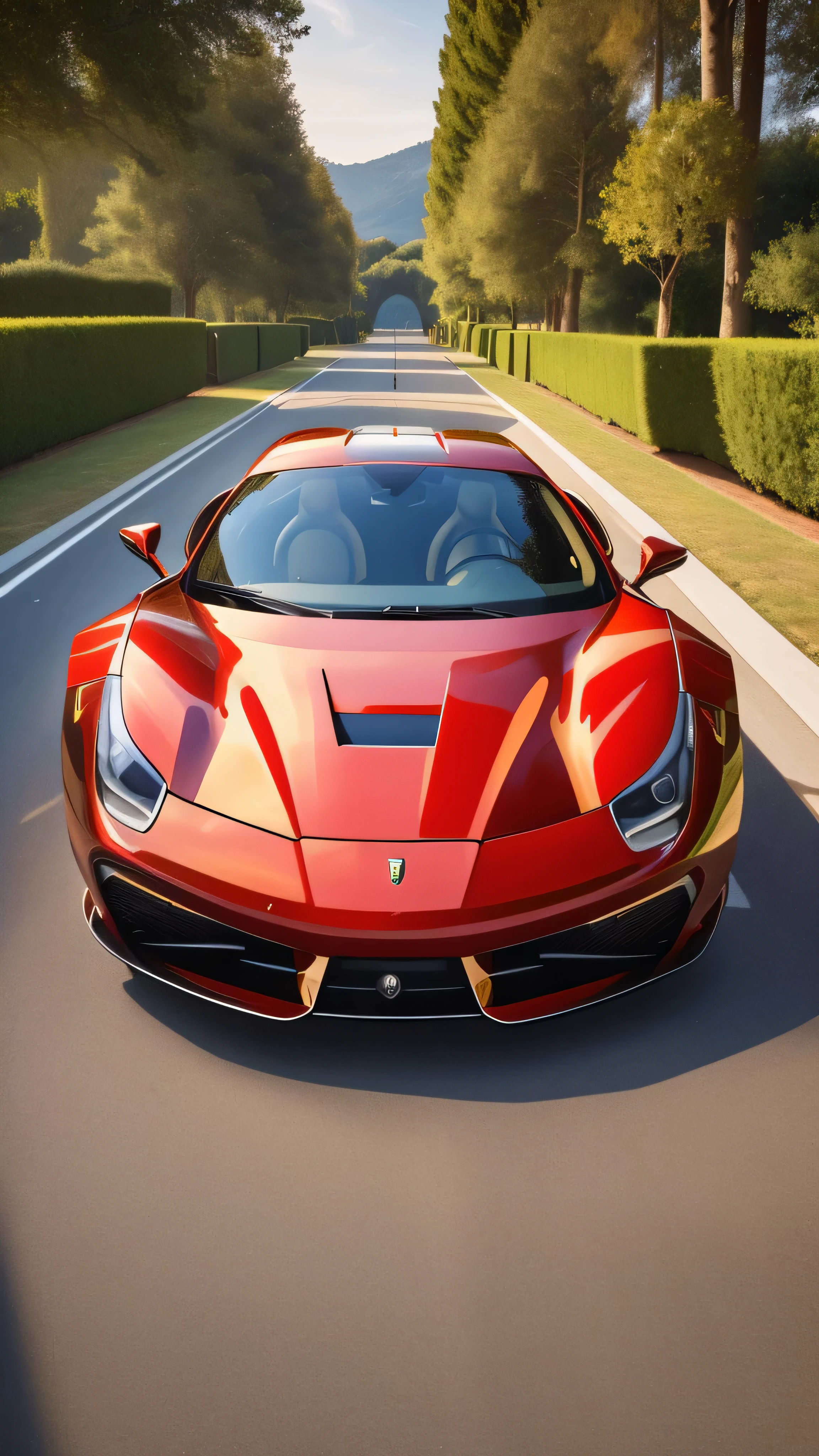 A riveting tableau from a cinematic masterpiece, the exquisitely detailed and lifelike Ferrari 488 GTB embodies the essence of sleek, powerful luxury. Bathed in the golden glow of a sun-dappled Italian villa, the car's iconic red body gleams against the verdant backdrop of lush hills and cypress trees. The finely crafted aluminum alloy is accented by the iconic prancing horse emblem, symbolizing the rich heritage and performance prowess of this automotive marvel. This hyperrealistic, high-definition representation serves as a magnificent tribute to the sheer beauty and elegance of an automotive icon.