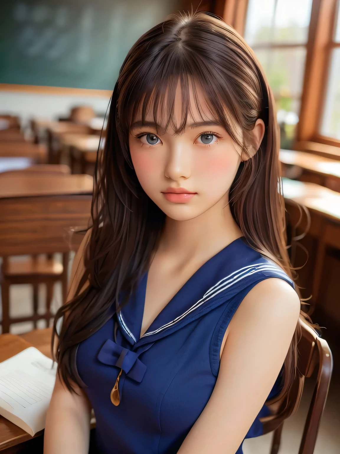 ((masterpiece, highest quality, High resolution)), 1 girl, (Realistic: 1.4), Beautiful face, Beautiful Hair, Beautiful eyes, Glowing Skin, , Sailor suit, classroom, Sit on a desk, Side angle, sunshine, Backlight, Professional photographer photography