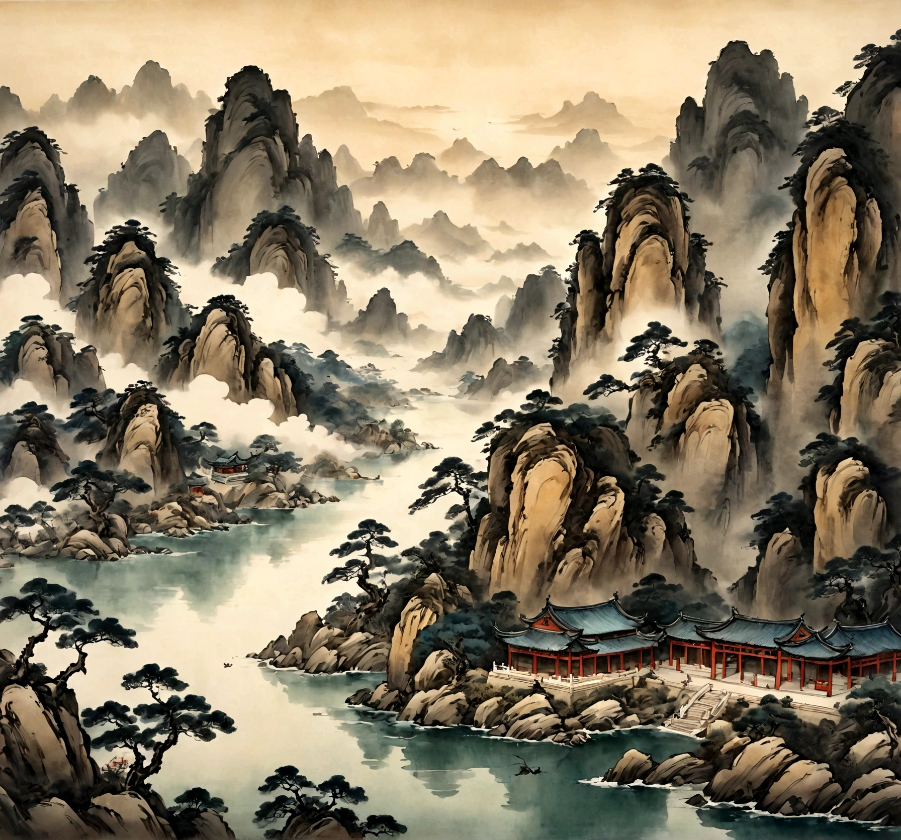 Chinese landscape painting, Ink and watercolor, Incubus, Ultra-wide viewing angle, Scrupulous, Beautifully drawn,detailed,Acura,Masterpieces, masterpiece, Mountains and Sea,