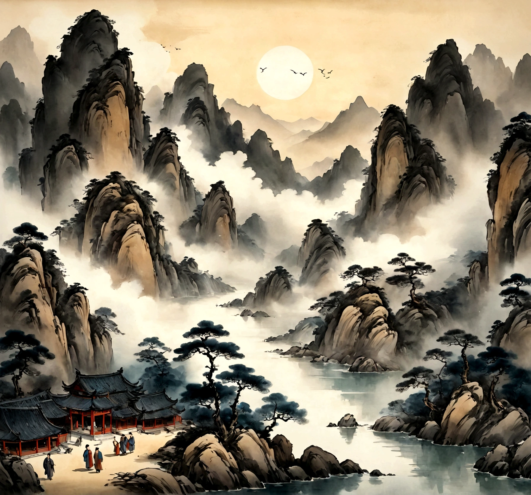 Chinese landscape painting, Ink and watercolor, Incubus, Ultra-wide viewing angle, Scrupulous, Beautifully drawn,detailed,Acura,Masterpieces, masterpiece, Mountains and Sea,