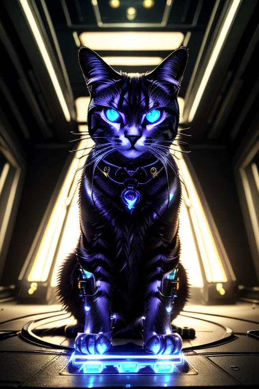 a cyberpunk cat, futuristic cyborg cat, mechanical cat, metal cat, robotic feline, intricate machinery, glowing eyes, neon lights, industrial cityscape, dark moody atmosphere, dynamic composition, cinematic lighting, vibrant colors, digital art, 8k, high quality, masterpiece, photorealistic