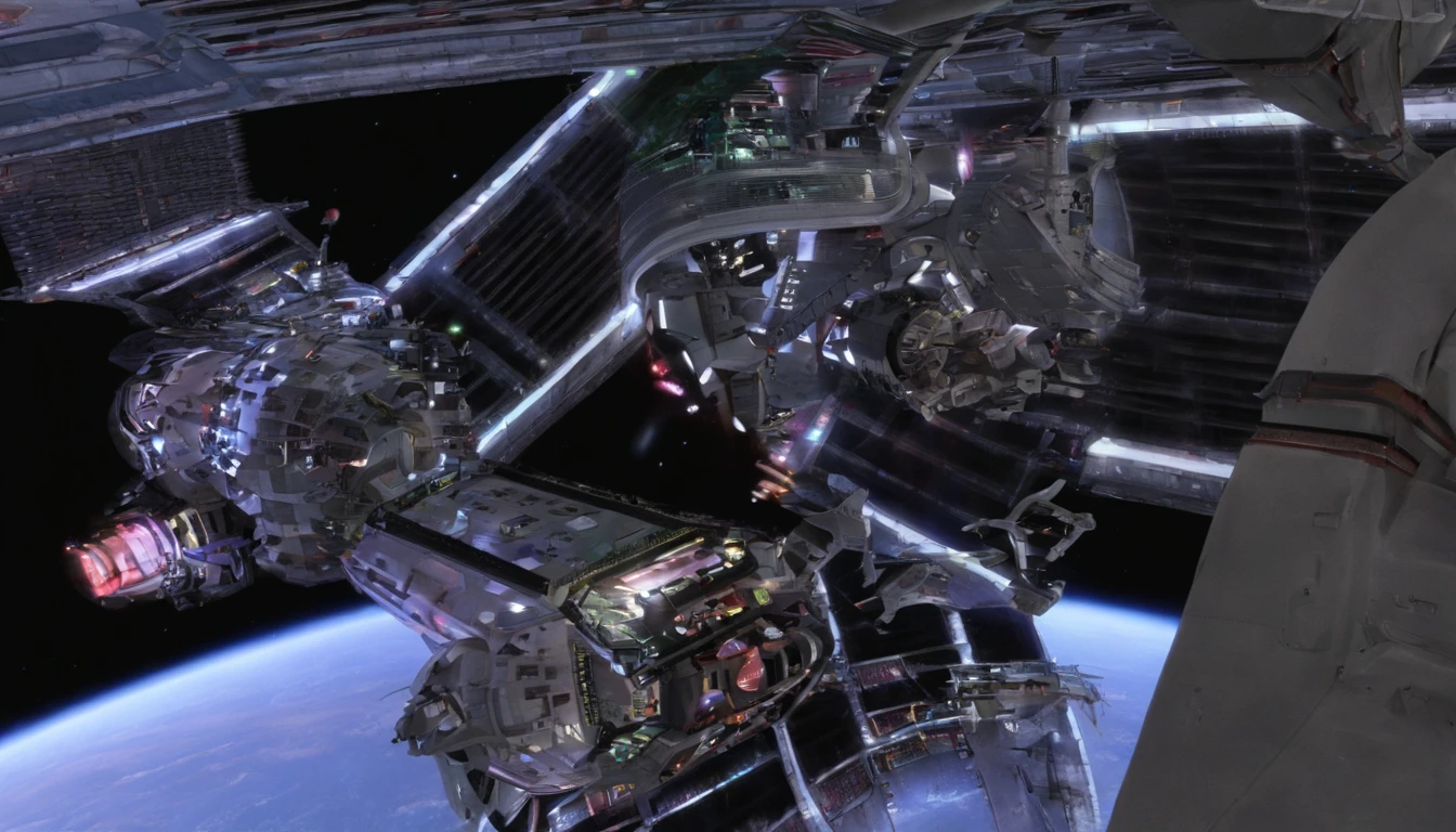 (((The space station is massively bigger than Babylon 5, but in the shape of Deep Space 9))). (((The space station has 6 O'Neal Class space stations off in 5 directions, & 1 down the middle))).There are hundreds of starships going to & fro, from the station, at any hour of the day. This station is a nod, to J. Michael Strazynski, H.G. Wells, Stanley Kubrick, & Norman Rockwell.