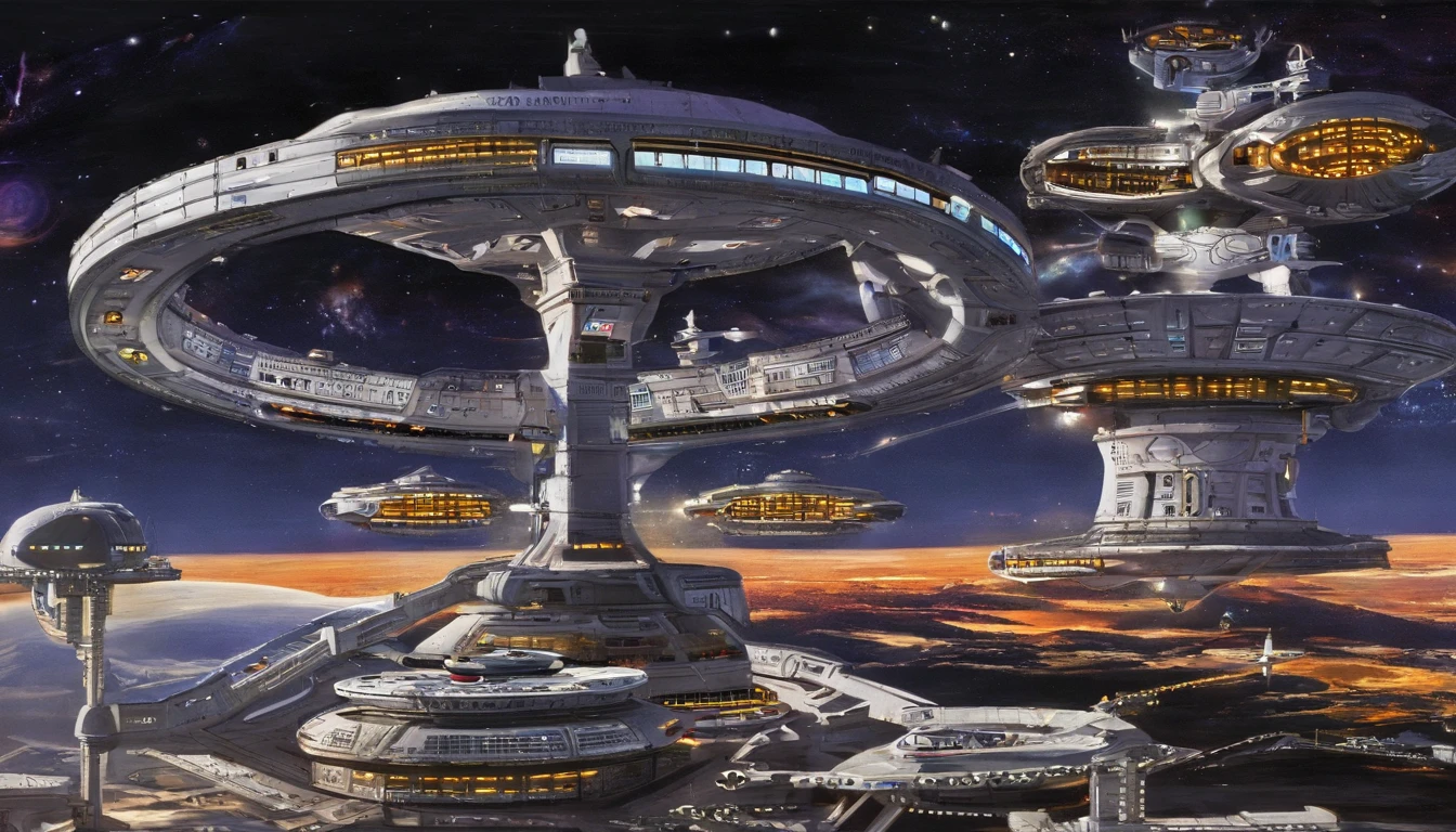 (((The space station is massively bigger than Babylon 5, but in the shape of Deep Space 9))). (((The space station has 6 O'Neal Class space stations off in 5 directions, & 1 down the middle))).There are hundreds of starships going to & fro, from the station, at any hour of the day. This station is a nod, to J. Michael Strazynski, H.G. Wells, Stanley Kubrick, & Norman Rockwell.