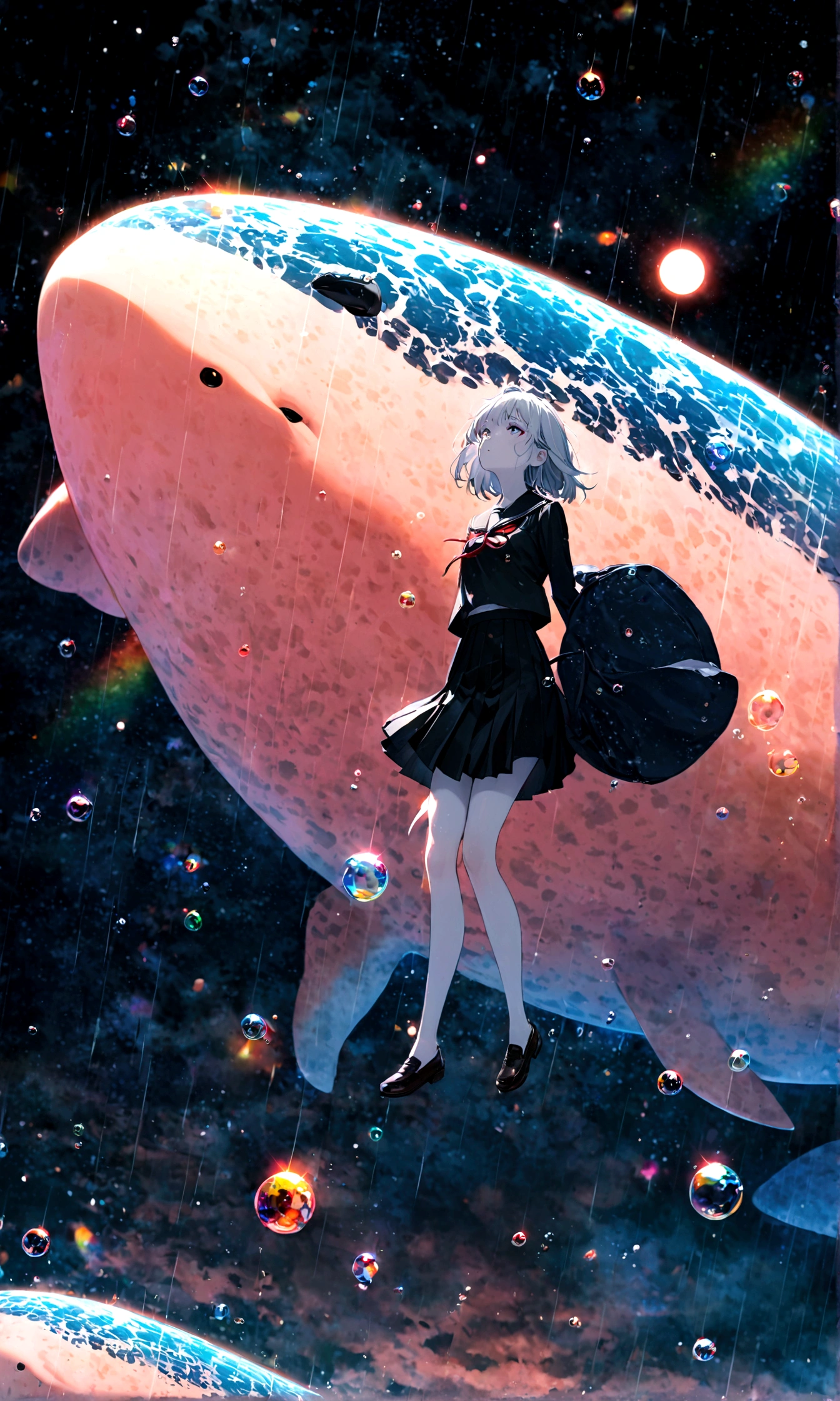 (masterpiece:1.2), (pale_skin:1.2), (alone:1.2), (woman)、(woman\(student, 20-year-old, ＪＫ, Short silver hair floating, Space-colored eyes, school black uniform, paleskin) Looking up at the sky), (大きなガラス色のWhalesが空中を泳いでいます), Beautiful sky, Beautiful Clouds, Colorful summer flowers are blooming everywhere., (Transparent bubbles shine like prisms here and there in the sky), There is a noon moon and a noon star in the sky, In a crowded downtown, break ,quality\(8k,非常に精細なCGユニットのwallpaper, masterpiece,High resolution,top-quality,top-quality real texture skin,Surreal,Increase the resolution,RAW Photos,最高quality,Very detailed,wallpaper,Cinema Lighting,Ray-tracing,Golden Ratio\),(Long Shot),Wide Shot,rain、storm、Whales