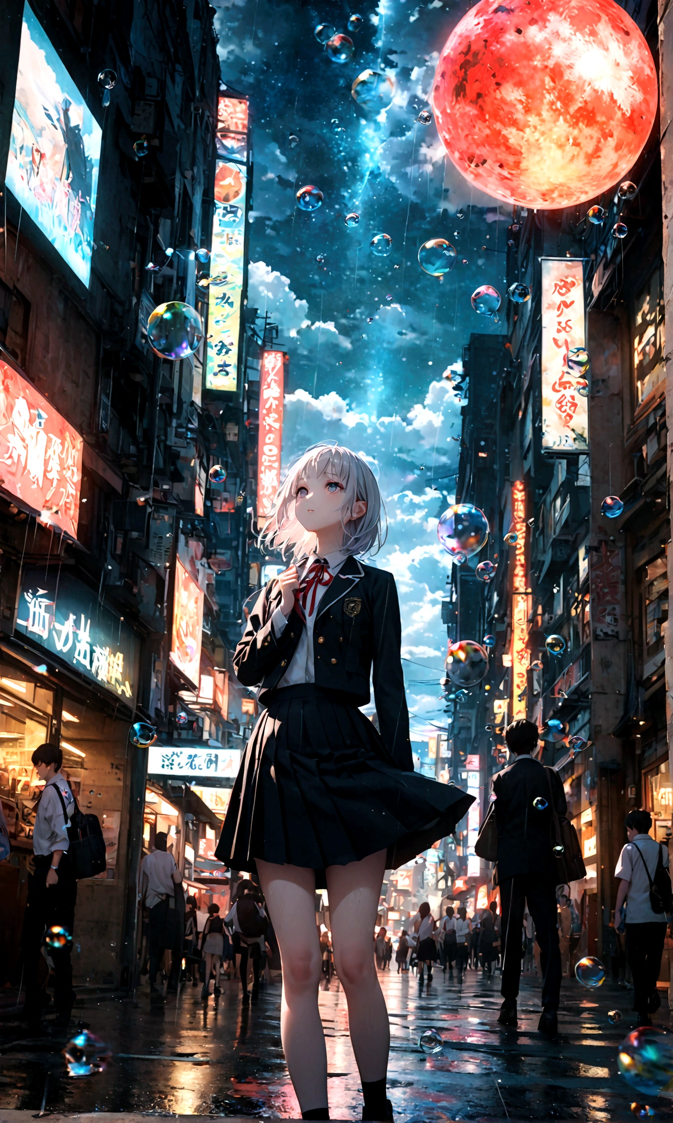 (masterpiece:1.2), (pale_skin:1.2), (alone:1.2), (woman)、(woman\(student, 20-year-old, ＪＫ, Short silver hair floating, Space-colored eyes, school black uniform, paleskin) Looking up at the sky), (大きなガラス色のWhalesが空中を泳いでいます), Beautiful sky, Beautiful Clouds, Colorful summer flowers are blooming everywhere., (Transparent bubbles shine like prisms here and there in the sky), There is a noon moon and a noon star in the sky, In a crowded downtown, break ,quality\(8k,非常に精細なCGユニットのwallpaper, masterpiece,High resolution,top-quality,top-quality real texture skin,Surreal,Increase the resolution,RAW Photos,最高quality,Very detailed,wallpaper,Cinema Lighting,Ray-tracing,Golden Ratio\),(Long Shot),Wide Shot,rain、storm、Whales