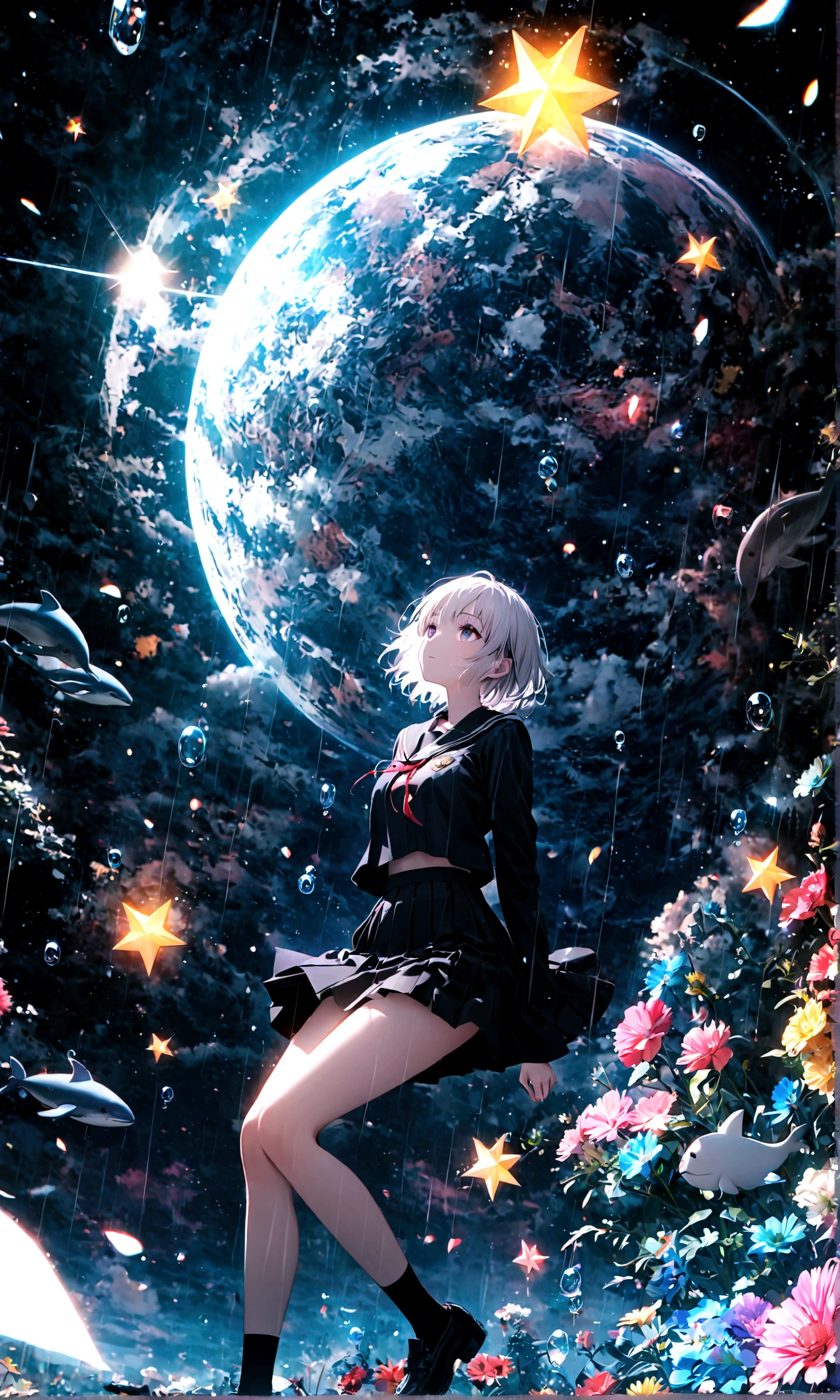 (masterpiece:1.2), (pale_skin:1.2), (alone:1.2), (woman)、(woman\(student, 20-year-old, ＪＫ, Short silver hair floating, Space-colored eyes, school black uniform, paleskin) Looking up at the sky), (大きなガラス色のWhalesが空中を泳いでいます), Beautiful sky, Beautiful Clouds, Colorful summer flowers are blooming everywhere., (Transparent bubbles shine like prisms here and there in the sky), There is a noon moon and a noon star in the sky, In a crowded downtown, break ,quality\(8k,非常に精細なCGユニットのwallpaper, masterpiece,High resolution,top-quality,top-quality real texture skin,Surreal,Increase the resolution,RAW Photos,最高quality,Very detailed,wallpaper,Cinema Lighting,Ray-tracing,Golden Ratio\),(Long Shot),Wide Shot,rain、storm、Whales