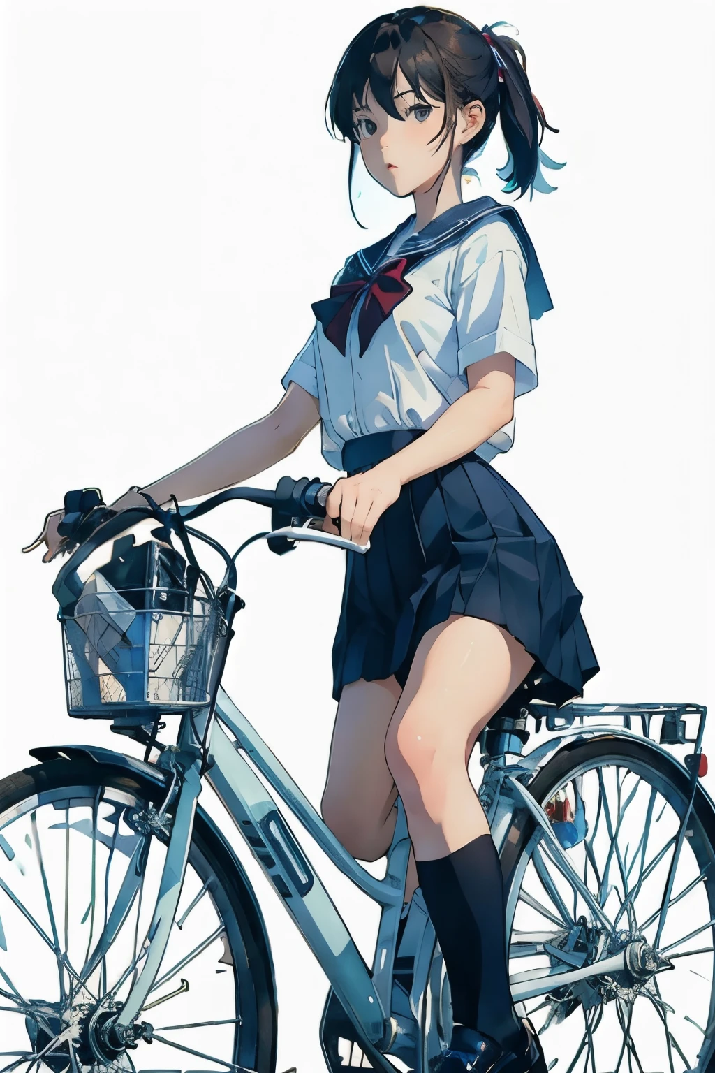 (masterpiece, highest quality:1.2), 1girl, ride a bicycle, solo, A look of disgust,