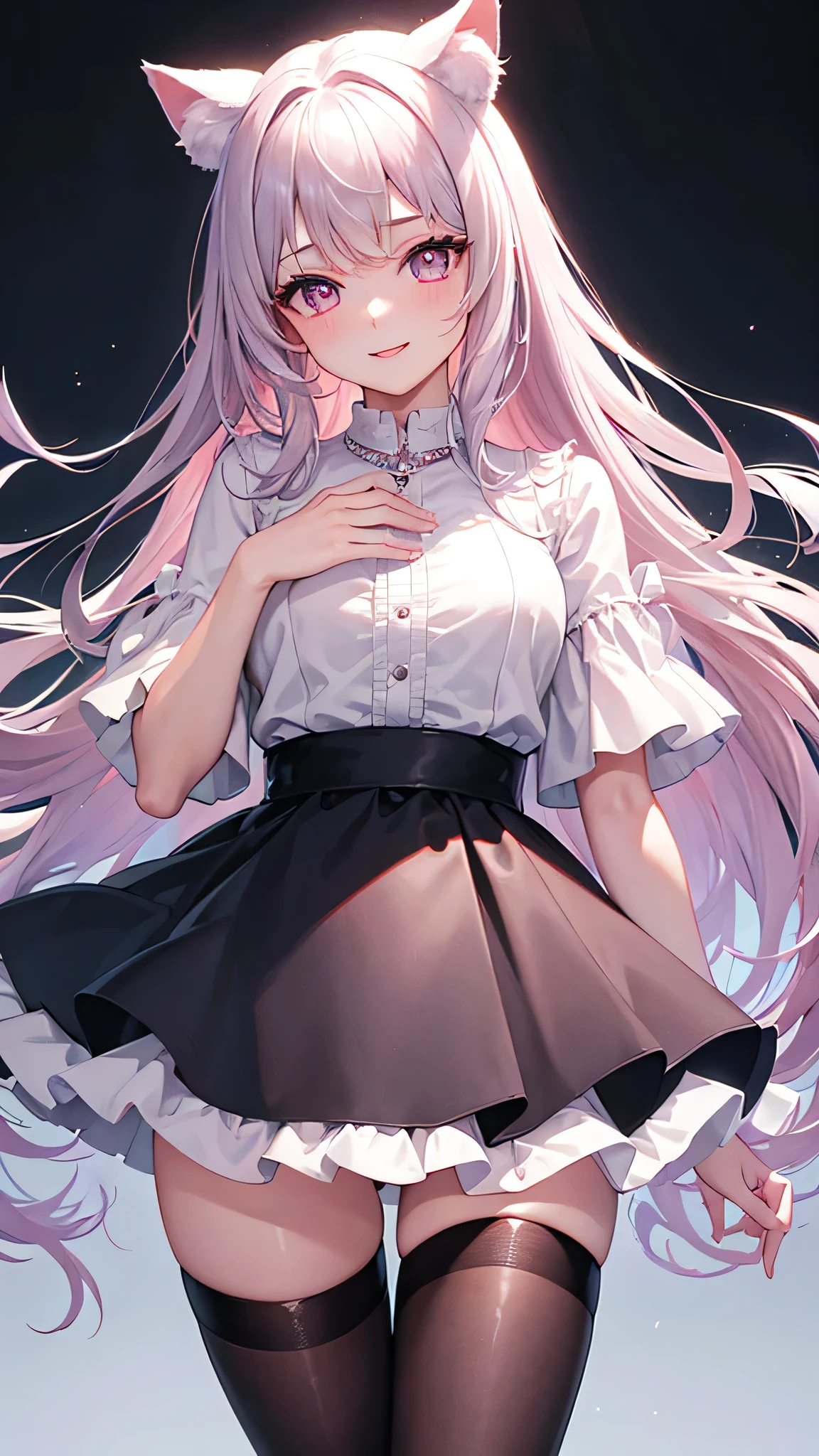 masterpiece,highest quality,Highly detailed face,fine grain,Waterfront,Bubble,Sparkling eyes,Highlighted eyes,Medium chest,pretty girl,smile,Cat ear,Beautiful silver hair,Pink inside,Beautiful pink eyes,Oversized shirt、skirt、black tights