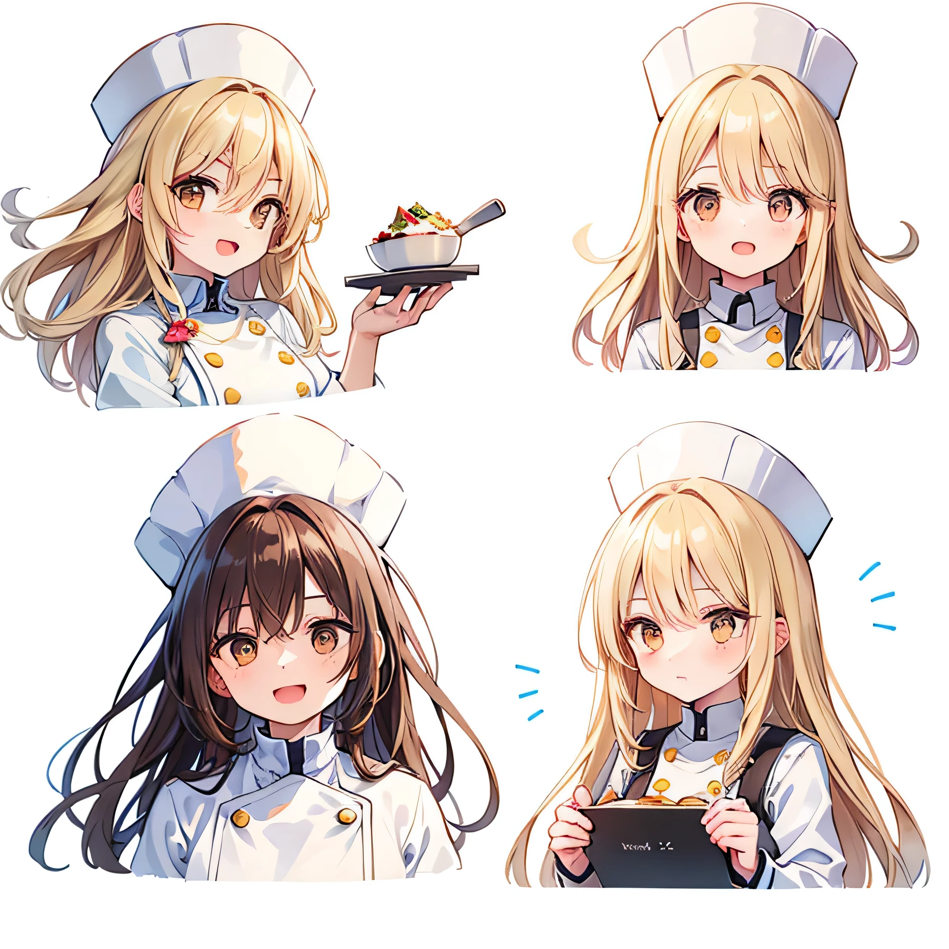 girl,Long blond hair,Brown eyes,Facial Expressions,Wearing a Michelin chef hat,White chef's suit,Super excited expression,Recommending products to customers(Pure white background:1.2),Simple background,Solid color background,(Extremely detailed eyes:1.3),(Same physical characteristics:1.5)