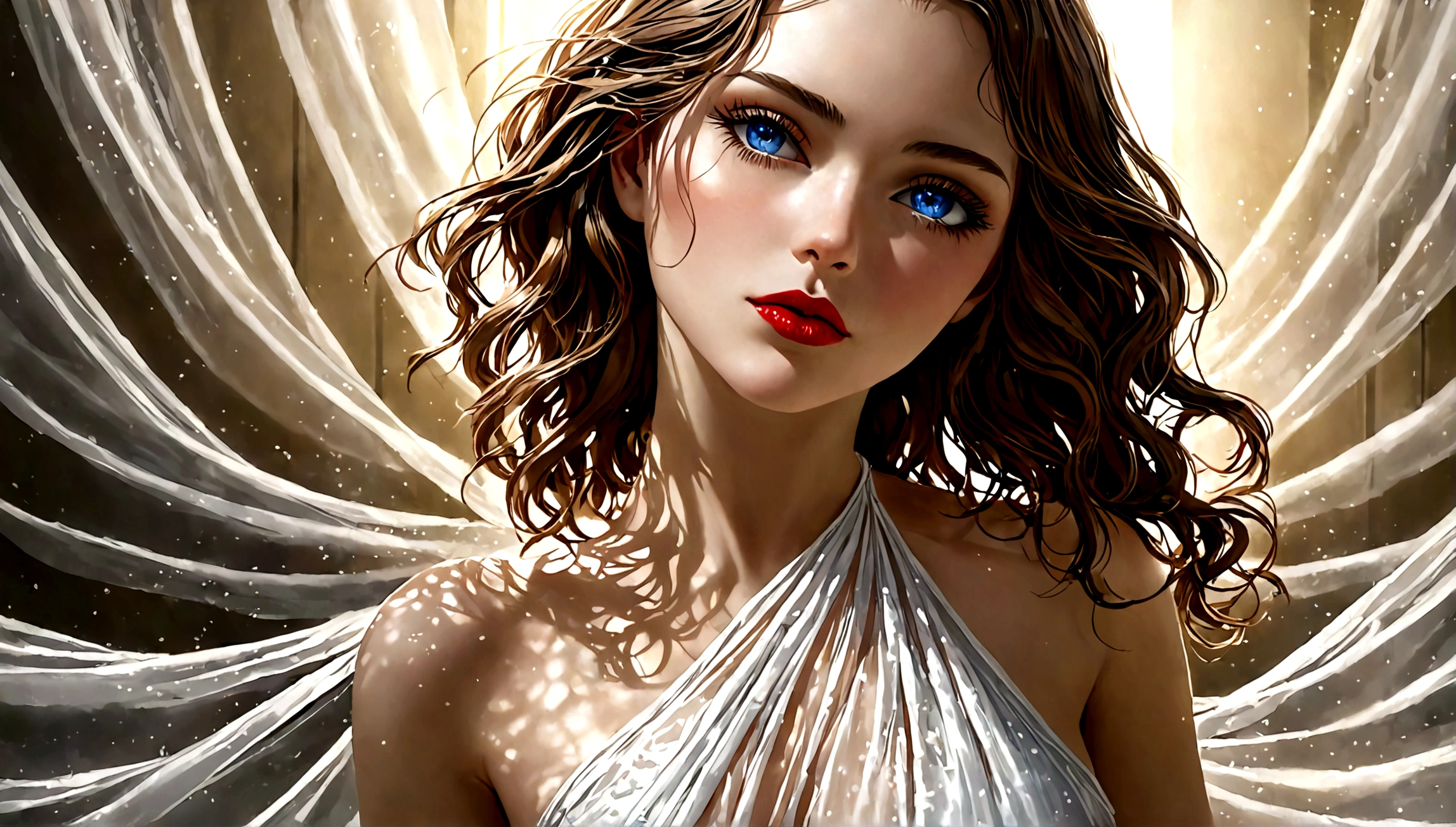 a beautiful, young woman, 1girl, long wavy brown hair, piercing blue eyes, detailed facial features, full red lips, long eyelashes, pale skin, elegant pose, graceful movements, sheer white dress, flowing fabric, soft lighting, glowing skin, cinematic composition, photorealistic, highly detailed, 8k, best quality, masterpiece, realistic, (realistic:1.4), (photorealistic:1.4), portrait