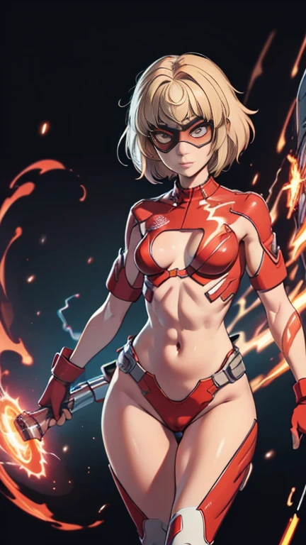 (masterpiece, highest quality, best quality, official art, beautiful and aesthetic: 1.2), (1girl), extremely detailed, (fractal art: 1.3), highest detailed, lower boddy focus, lower body, HDR, ), vivid visual effects, (dynamic stripes, luminous traces: 1.2), girl, , nude, hip focus, sexy, narrow hips, Thin figure, completely naked, abs, slender, ppussy, pusy focus. Face out of shot, Detailed face, Detailed eyes, perfect face, perfect eyes, seras, wearing The Flash costume, red helmet, ted domino mask, exposed thighs