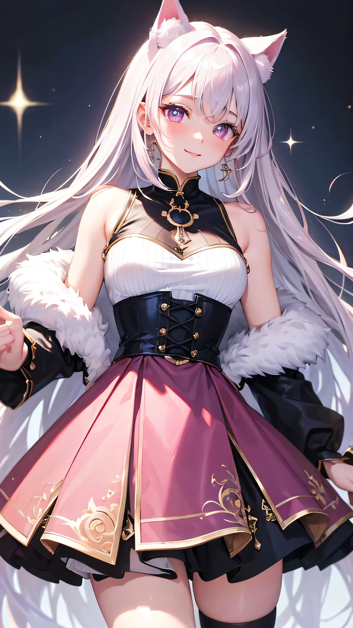 masterpiece,highest quality,Highly detailed face,fine grain,Waterfront,Bubble,Sparkling eyes,Highlighted eyes,Medium chest,pretty girl,smile,Cat ear,Beautiful silver hair,Pink inside,Beautiful pink eyes,Oversized shirt、skirt、black tights