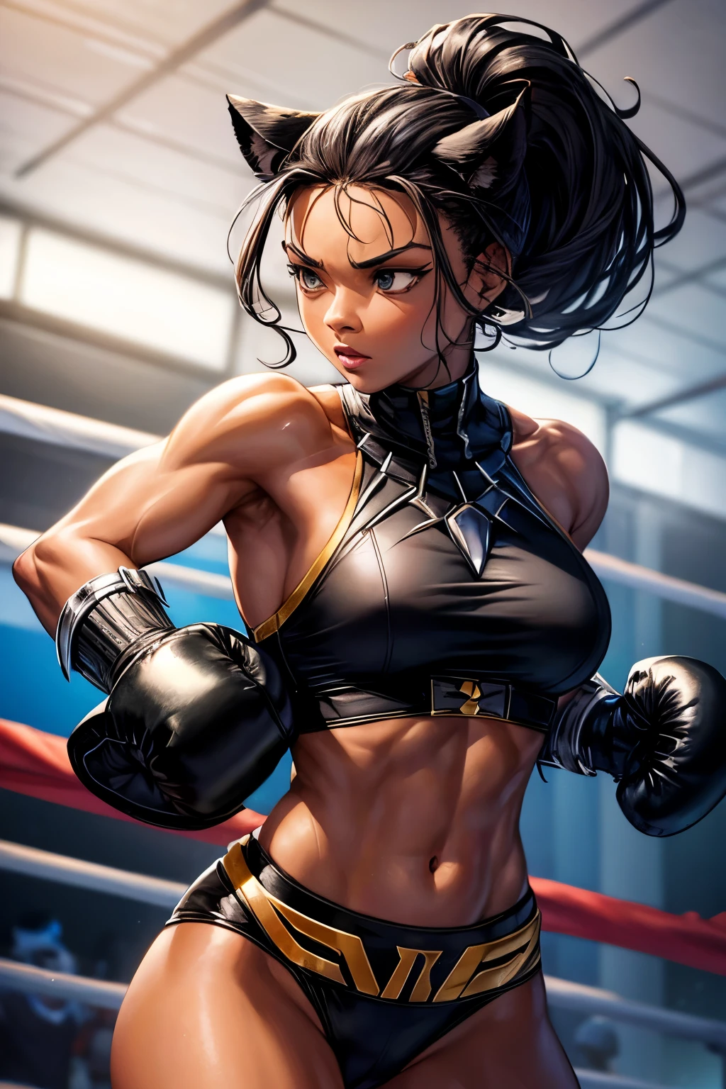 Black panther human hybrid, femal, strong, fighting in a boxing ring, independent, long thick black panther tail, hair up in ponytail, strong face shape.