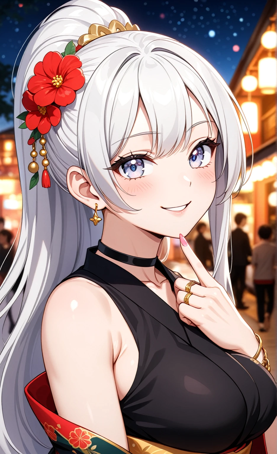 ((one personの女性)), Beautiful Face,((Wink:1.9)),(a woman in a dynamic hand sign. She is waving while looking back over her shoulder. She has a friendly expression),(Bright red cheeks:1.4),Laughing embarrassedly,Laughing with your mouth open,Glossy pink lips,Lighting on the face,night,night景と海が美しい公園,Festive decorations,Colorful fireworks,((Anime style background)),masterpiece, highest quality, so beautiful, Latest, Complex details, (Pink long nails),(ring),(bracelet),(choker),AI-generated, Complex,High resolution, highest quality, super high quality,3D Images、View your viewers、3D Images,one person,Long white hair,High Ponytail,(blue eyes),Anime woman posing for a photo, ((Fine grain、Silvery white colorful eyes、Shining Eyes:1.3)),(Squint your eyes:1.1),a hyperRealistic , hyperRealistic , Realistic,Anime woman with long and white hair, Smooth anime CG art, A woman in a colorful kimono with gold embroidery, (Black kimono),Red floral pattern,Long flower hair ornament,Big earrings,Mature Body,(Big Breasts:1.1),Tall,Fine details,Abdominal muscles,Narrow waist,(Zoom in on face:1.1),Tilt your head,Stand up straight,