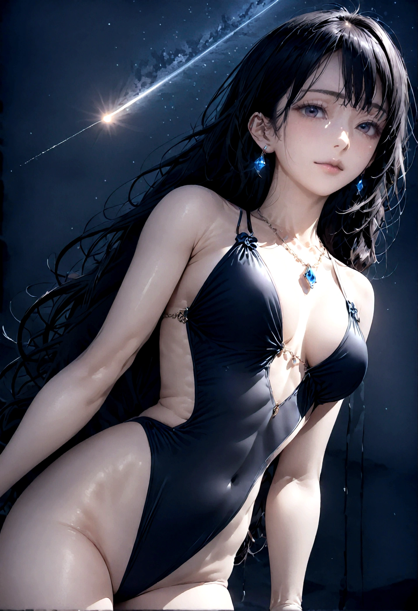 8k, masterpiece, RAW Photos, highest quality, Realistic, Very detailed, Depth of written boundary, Cinematic Light, Anatomically correct body,
One beautiful 40 year old woman, Very beautiful face, Exquisitely detailed face, (A calm and gentle face:1.4), Very delicate skin texture, Transparent muscle, Shiny white skin, Glamorous Body,
(Wavy black long hair:1.2), Sexy Breasts, Sexy ass,
(Skimpy hentai swimsuit:1.4), (Detailed cloth texture:1.2), (Body chain accessory with detailed jewel studded embellishments:1.3), (Gorgeous necklace:1.1), (Gorgeous earrings:1.1),
(Dark starry background:1.4), (Milky Way:1.1), (milky way:1.1), (shooting star:1.1), (Dark coastline at night:1.4), (Pitch black sea surface:1.4),
(Standing on the beach:1.2),
(Low angle shot:1.8),