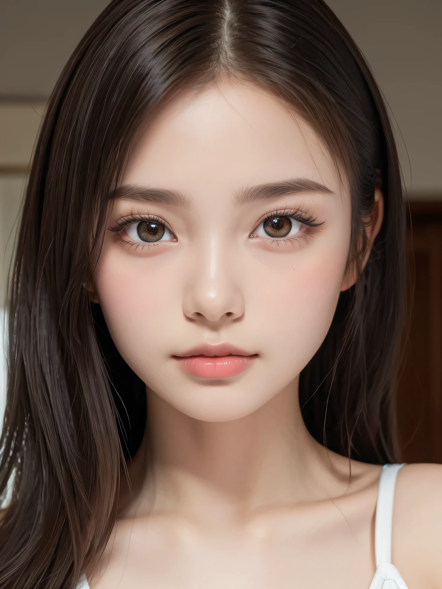 One Girl，Very cute  girl，masterpiece，highest quality，High resolution，beautiful girl，cute，Big eyes，(detailed pupils:1.2)，The face is facing straight ahead，Body facing forward，Beautiful nose，Fuller lips，Short black hair，ponytail，short hair，Detailed eyelashes，Thin eyebrows，Symmetrical eyes，Face close-up，White swimsuit，Portrait，View Viewer，Cinema Lighting，High resolution，Very detailed