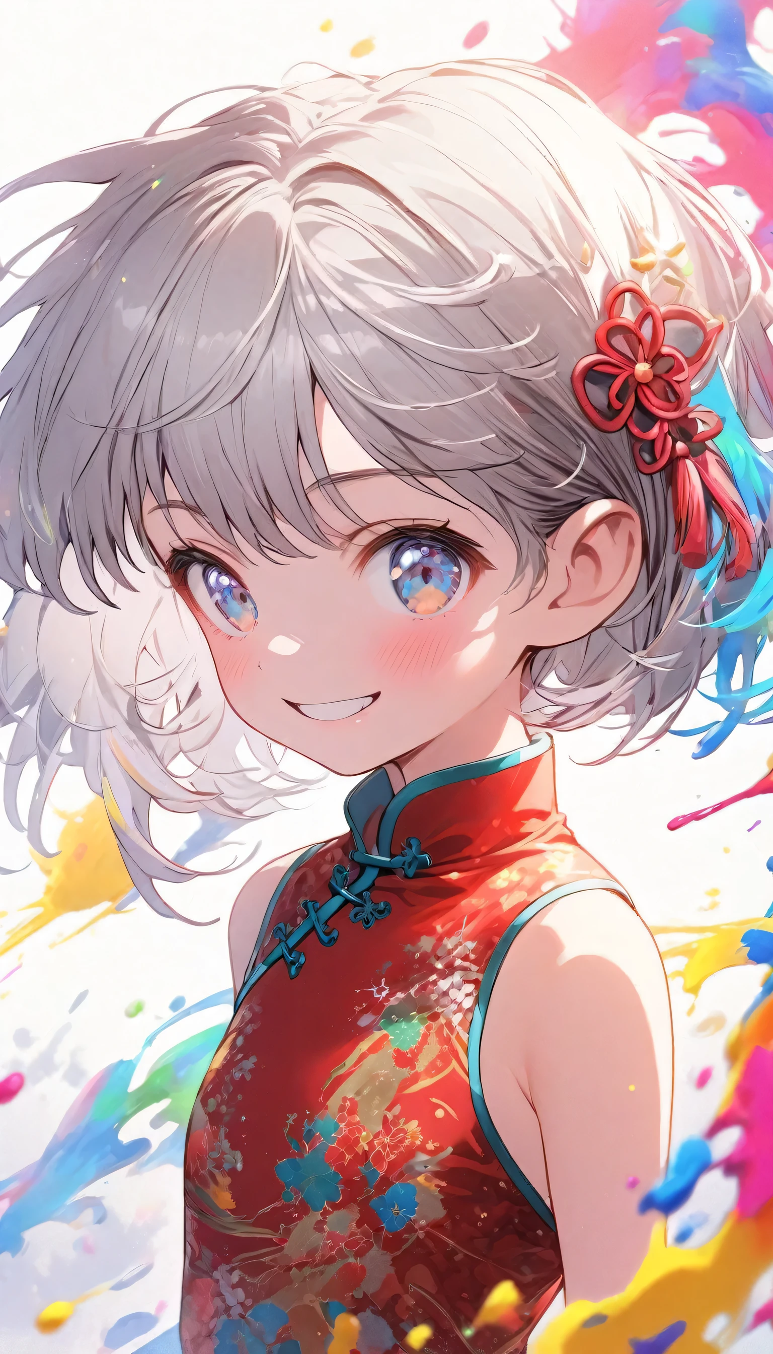 Loli girl, smile, slender body, ((boyish hair, very short silver hair )), (flat chest:1.3), sparkling, red dress, Chinese dress, standing, upper body shot, vivid color, colorful paint splash:1.5