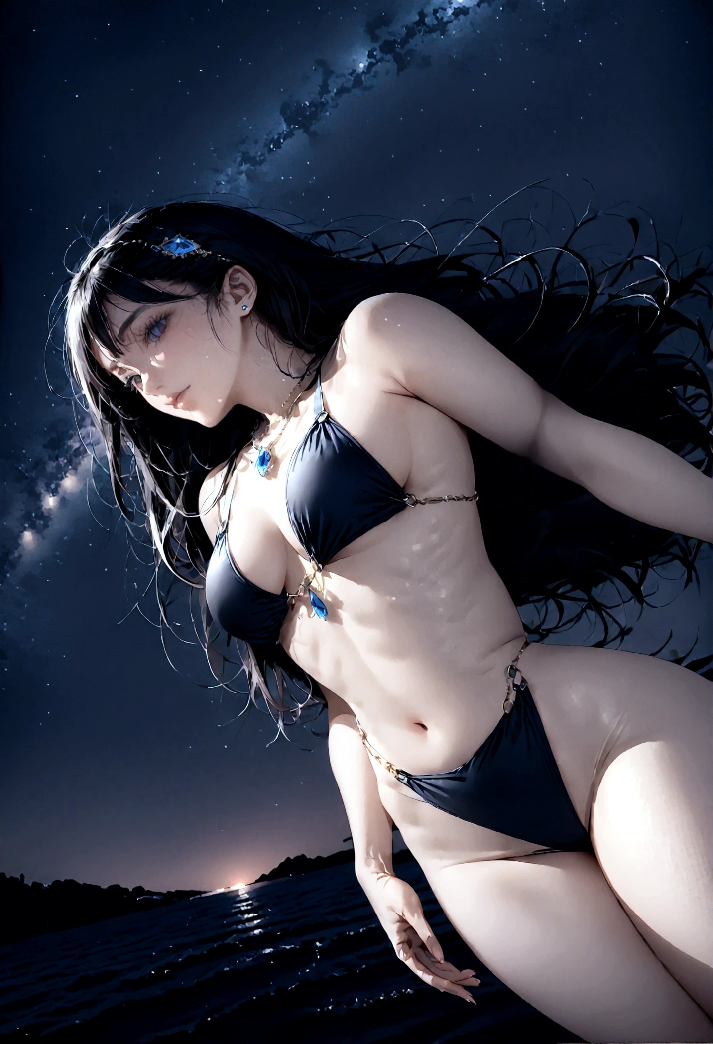 8k, masterpiece, RAW Photos, highest quality, Realistic, Very detailed, Depth of written boundary, Cinematic Light, Anatomically correct body,
One beautiful 40 year old woman, Very beautiful face, Exquisitely detailed face, (A calm and gentle face:1.4), Very delicate skin texture, Transparent muscle, Shiny white skin, Glamorous Body,
(Wavy black long hair:1.2), Sexy Breasts, Sexy ass,
(Skimpy hentai swimsuit:1.4), (Detailed cloth texture:1.2), (Body chain accessory with detailed jewel studded embellishments:1.3), (Gorgeous necklace:1.1), (Gorgeous earrings:1.1),
(Dark starry background:1.4), (Milky Way:1.1), (milky way:1.1), (shooting star:1.1), (Dark coastline at night:1.4), (Pitch black sea surface:1.4),
(Standing on the beach:1.2),
(Low angle shot:1.8),